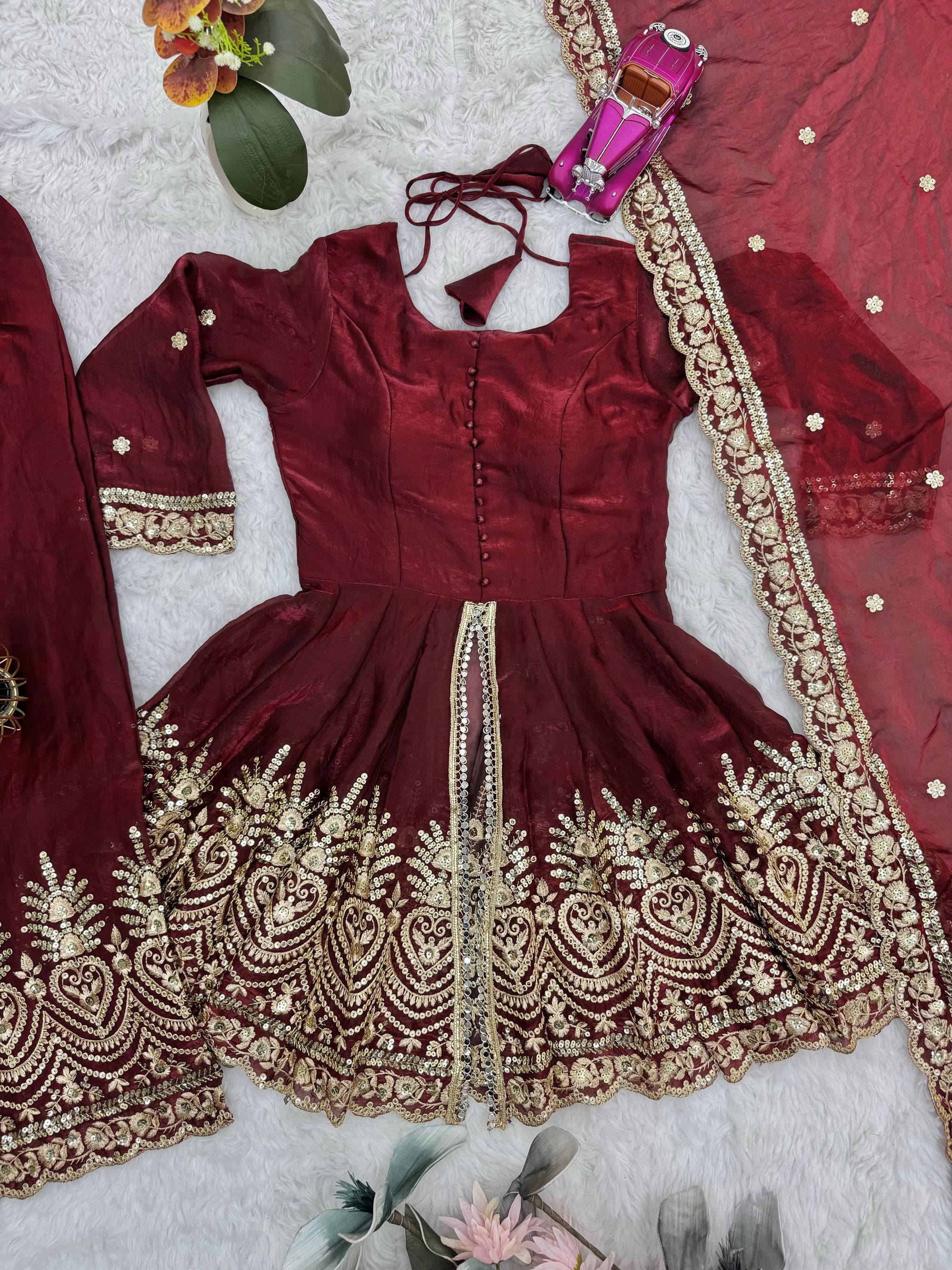 Maroon Fendy Satin Kurta Palazzo Set with Mirror and Sequin Work