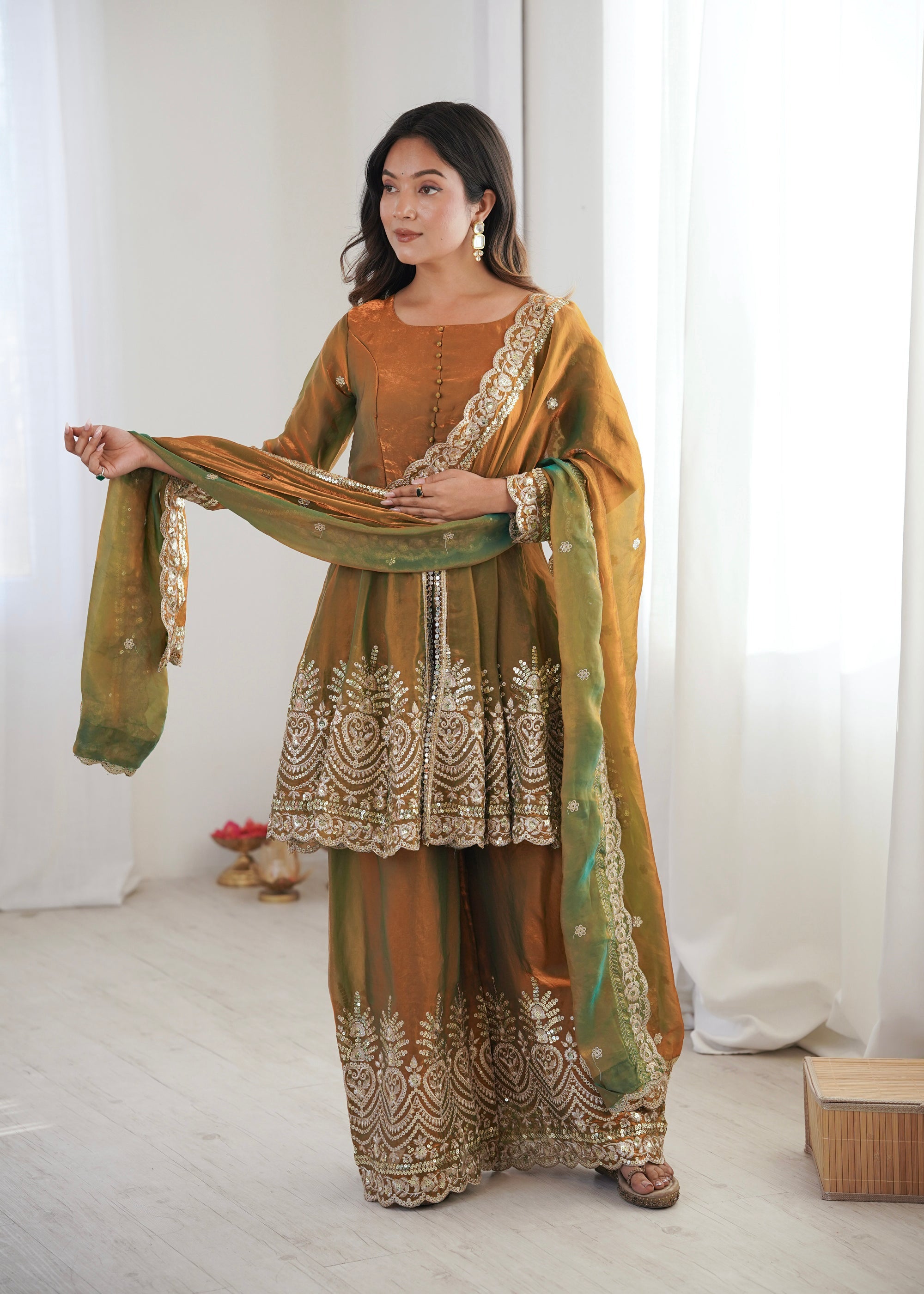 Mehendi Fendy Satin Embroidered Sequins Kurta Palazzo Set