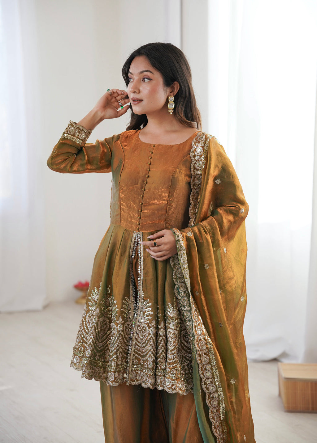 Mehendi Fendy Satin Embroidered Sequins Kurta Palazzo Set