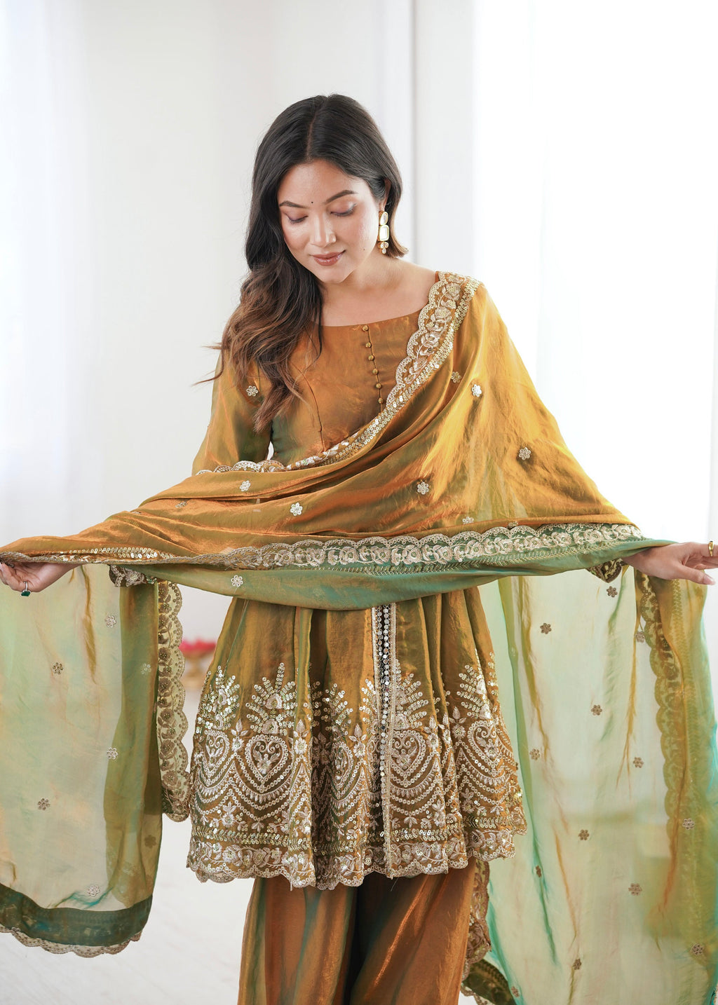 Mehendi Fendy Satin Embroidered Sequins Kurta Palazzo Set