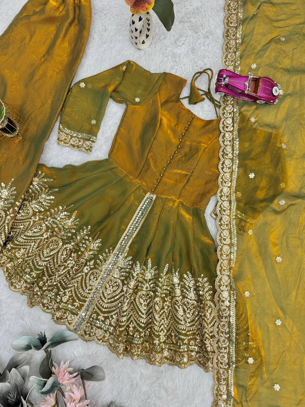 Mehendi Fendy Satin Embroidered Sequins Kurta Palazzo Set