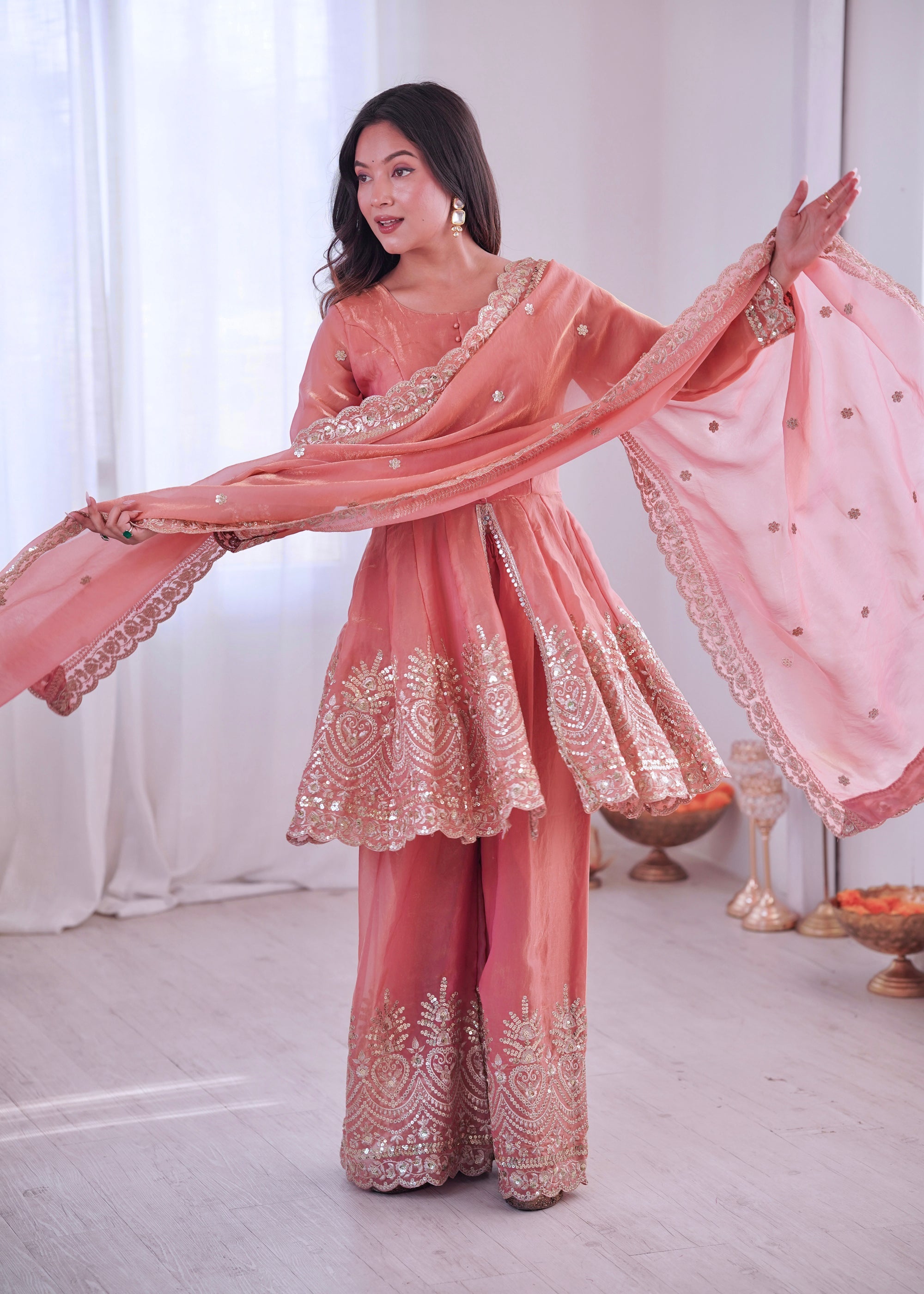 Peach Fendy Satin Kurta Palazzo Set with Mirror and Sequin Work