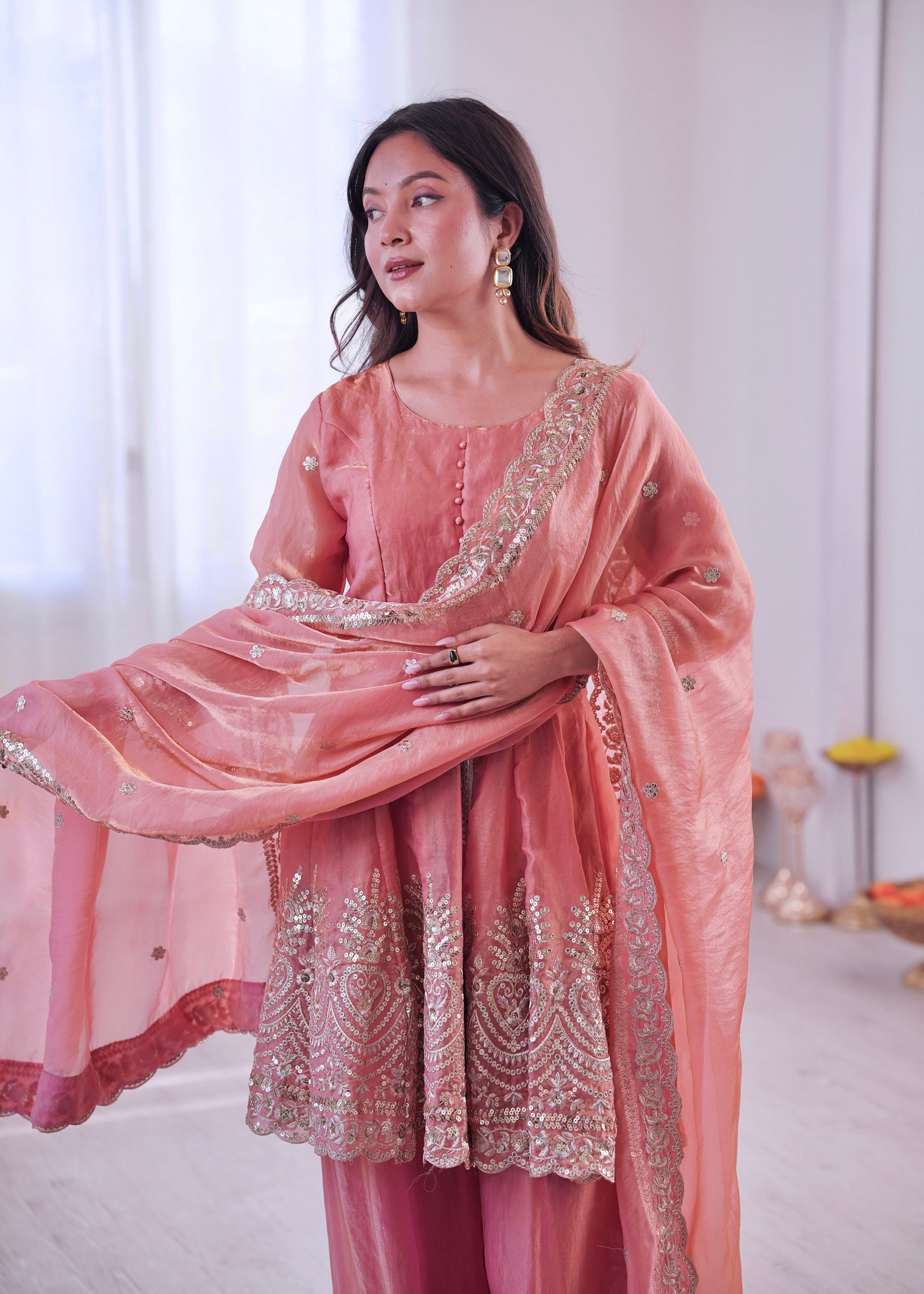 Peach Fendy Satin Kurta Palazzo Set with Mirror and Sequin Work