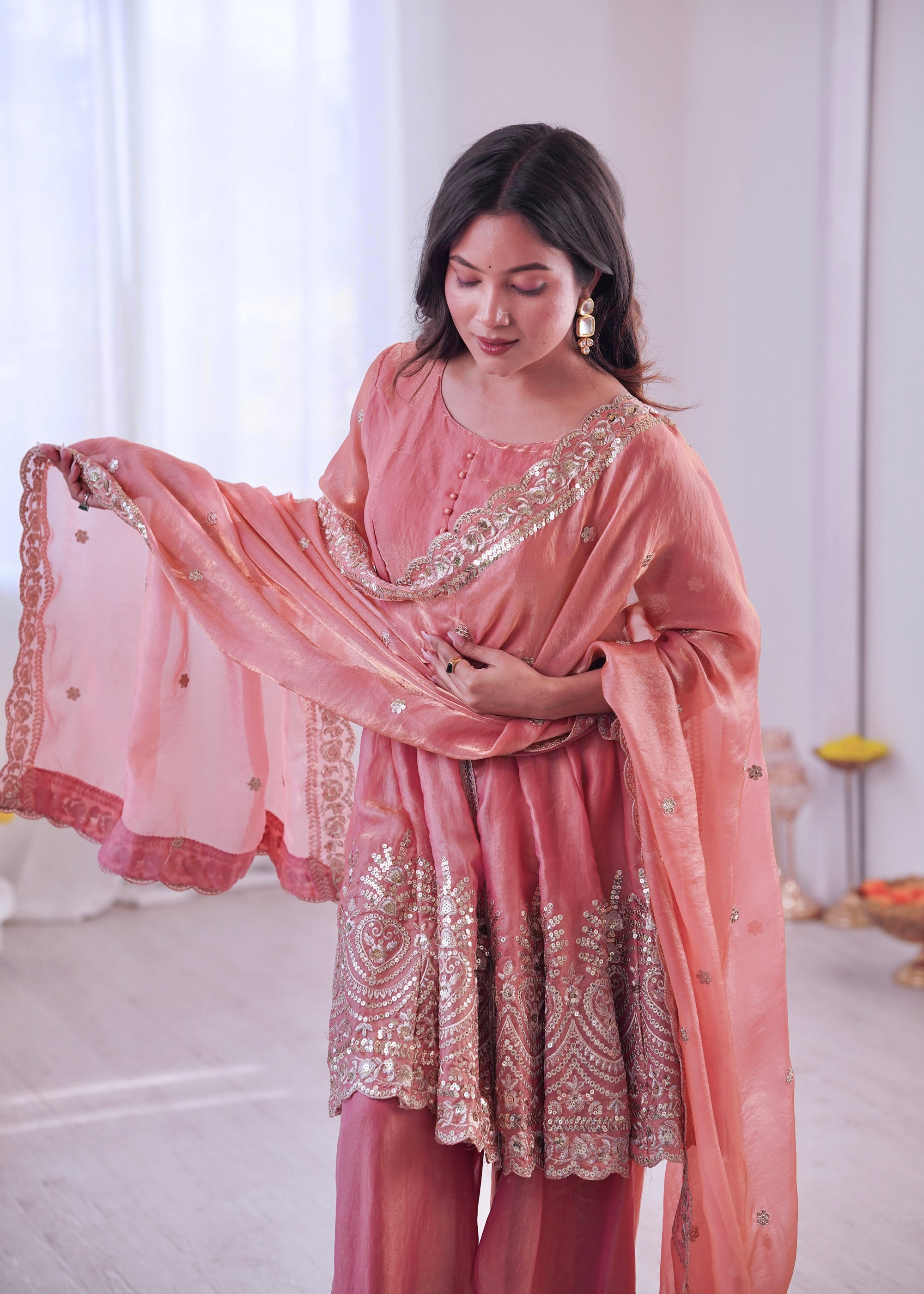 Peach Fendy Satin Kurta Palazzo Set with Mirror and Sequin Work