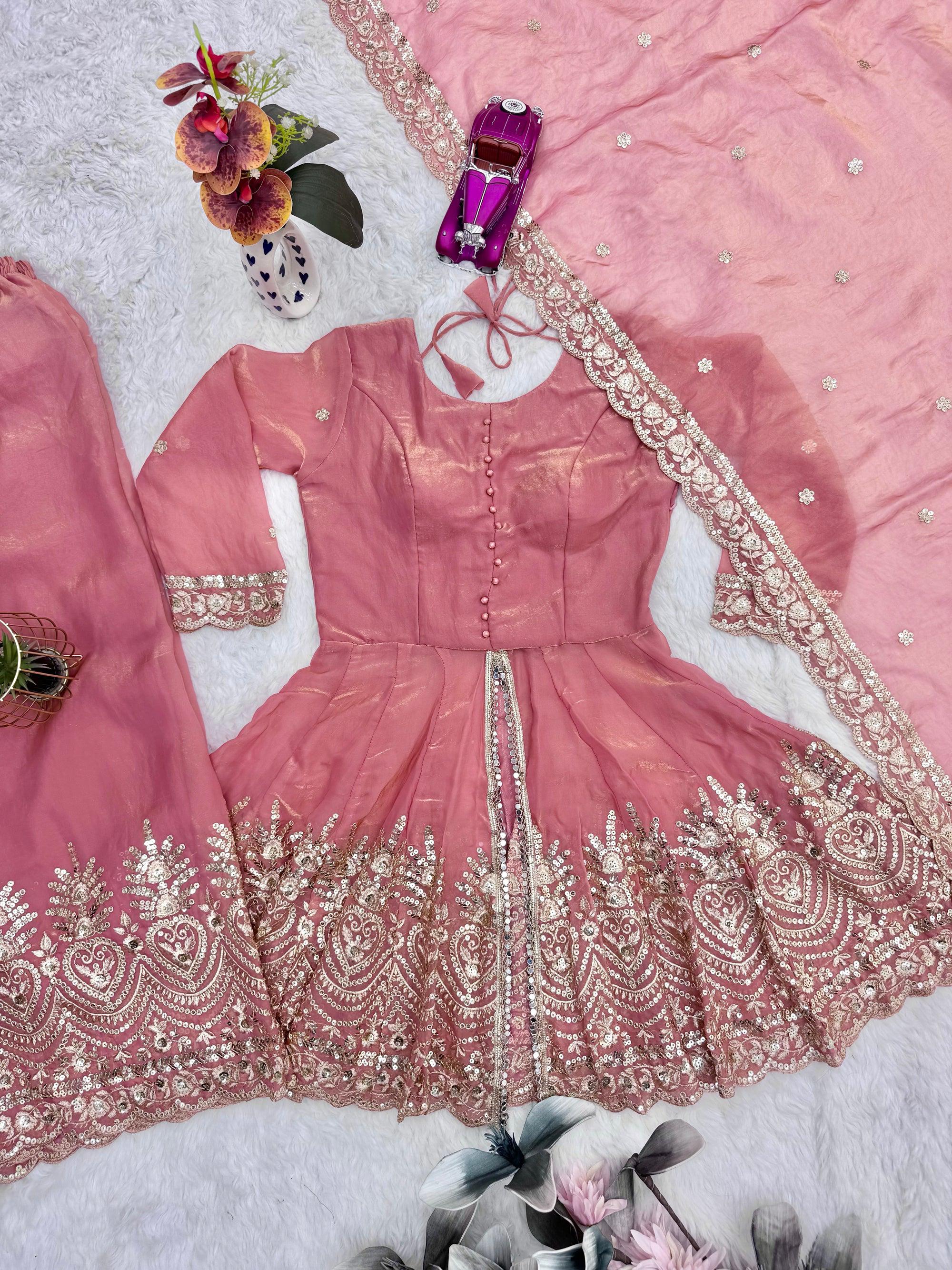 Peach Fendy Satin Kurta Palazzo Set with Mirror and Sequin Work