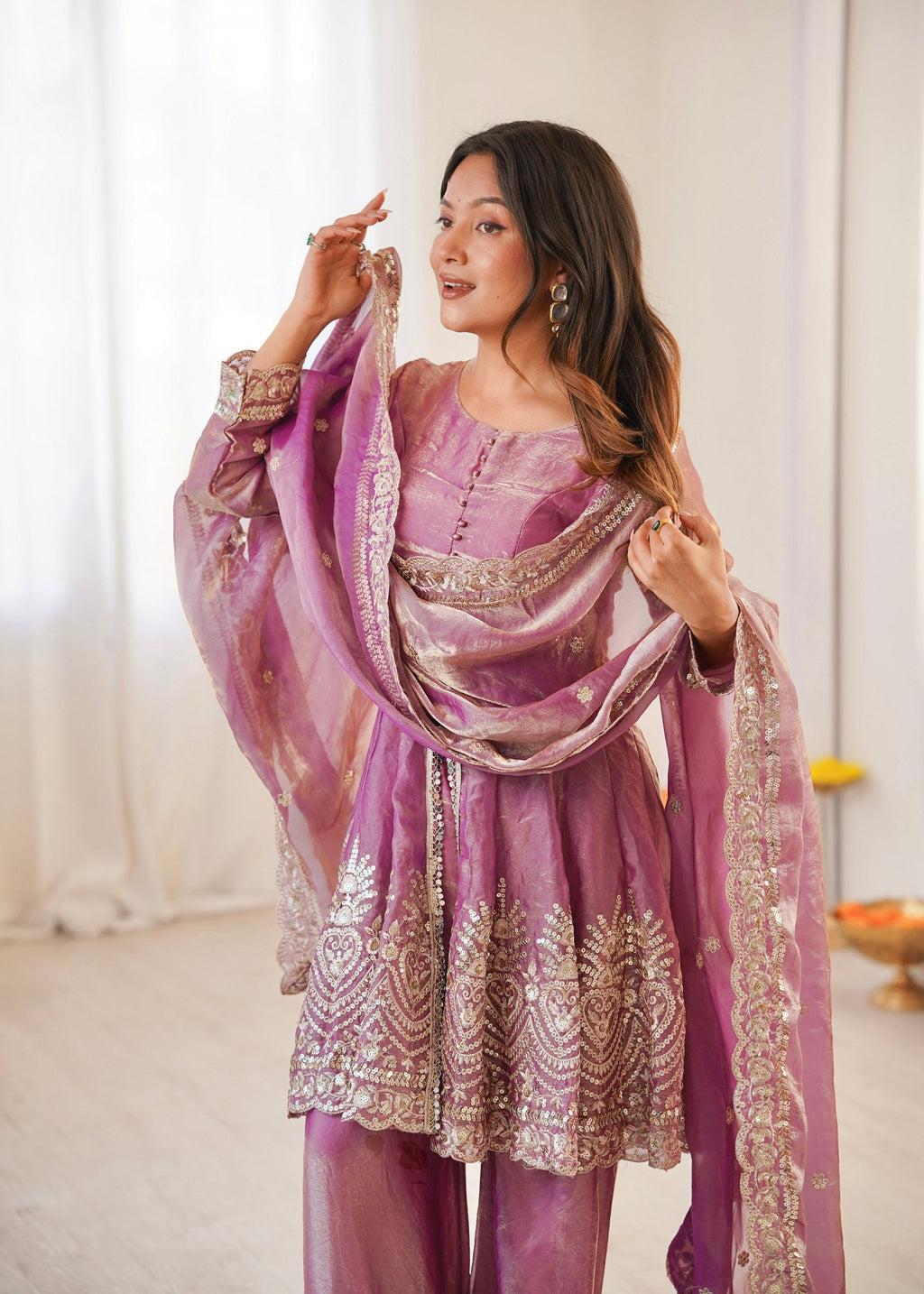 Pink Fendy Satin Kurta Palazzo Set with Sequins and Real Mirrors