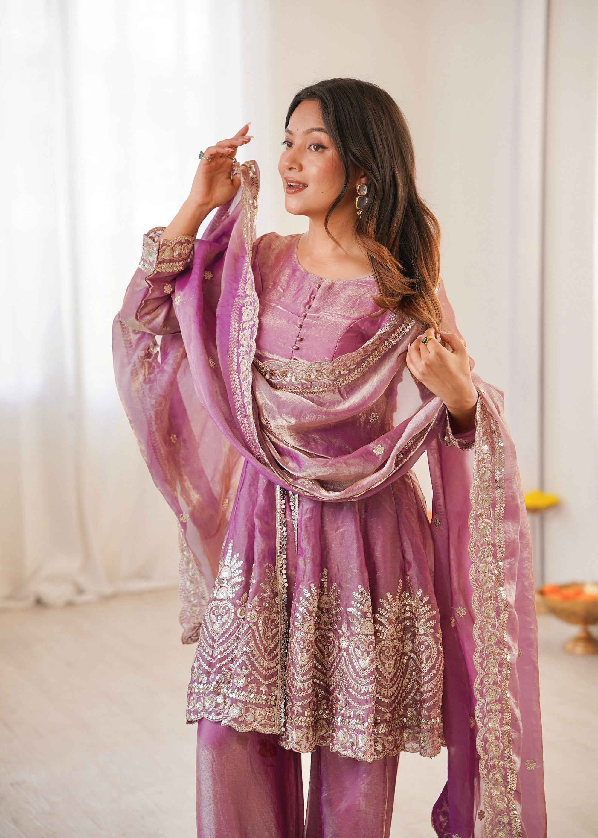 Pink Fendy Satin Kurta Palazzo Set with Sequins and Real Mirrors