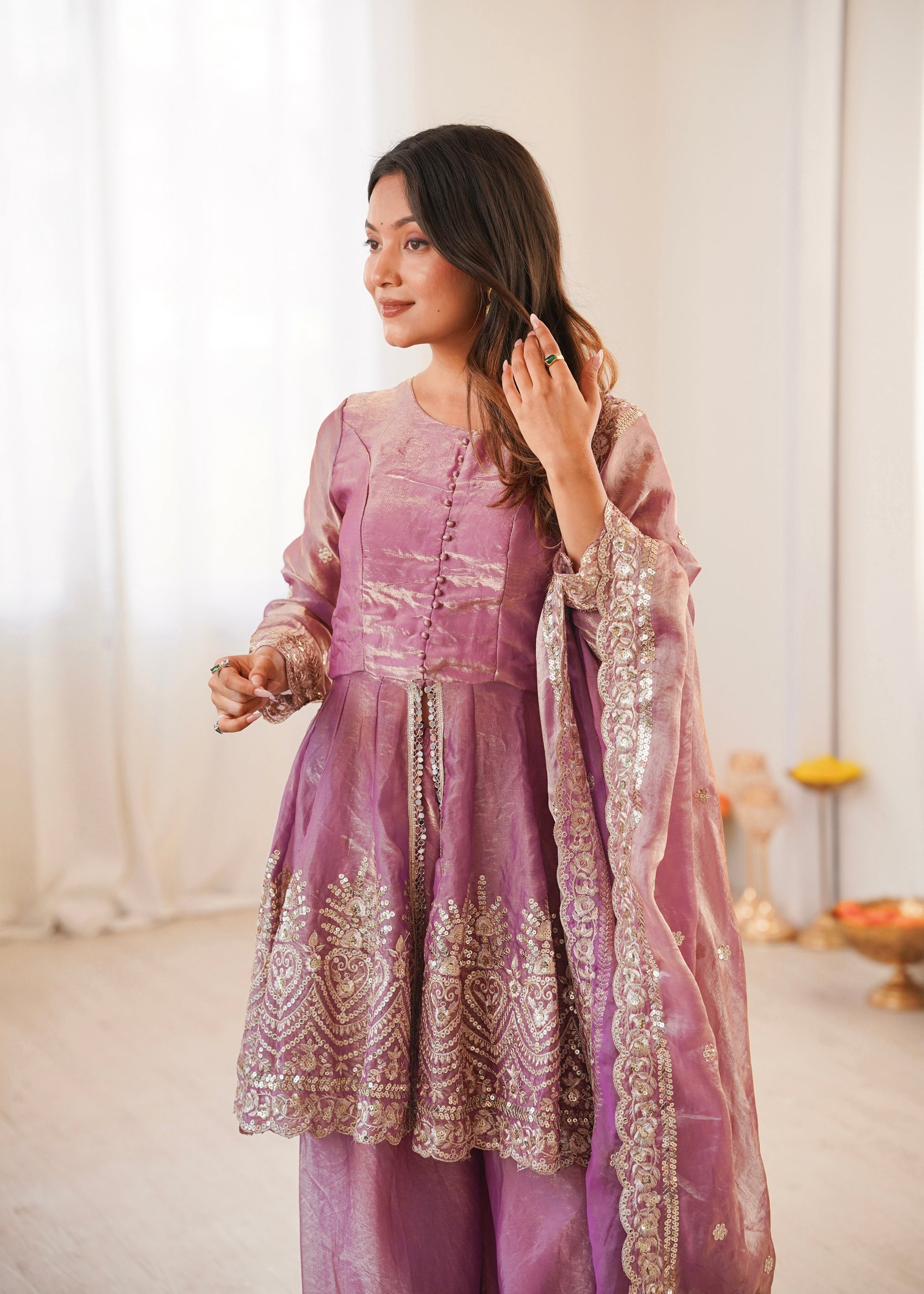 Pink Fendy Satin Kurta Palazzo Set with Sequins and Real Mirrors