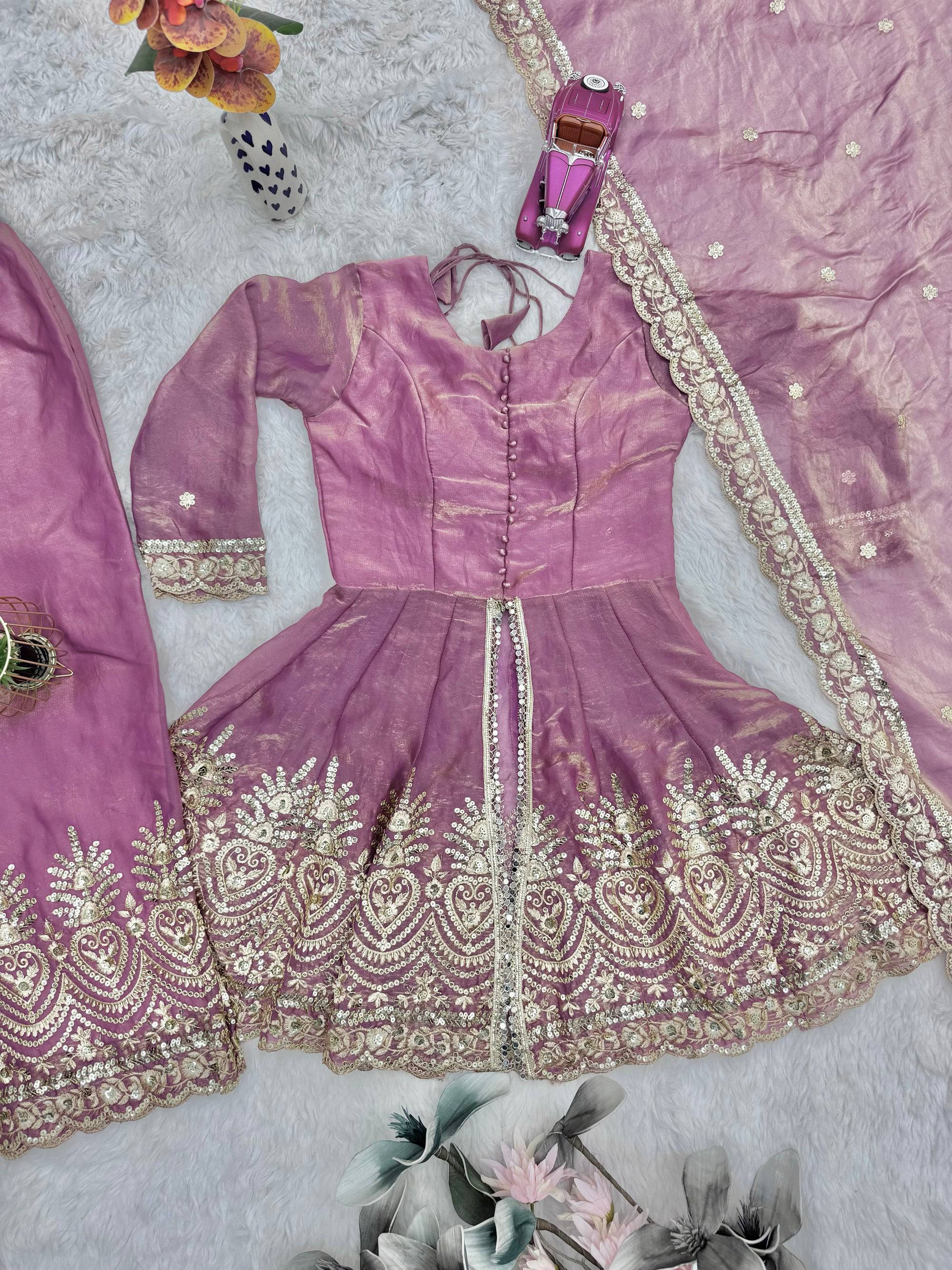 Pink Fendy Satin Kurta Palazzo Set with Sequins and Real Mirrors