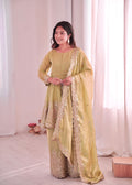 Lorenvalley Fashion Pista Green Fendy Satin kurta with mirror work, sequins, and matching palazzo and dupatta