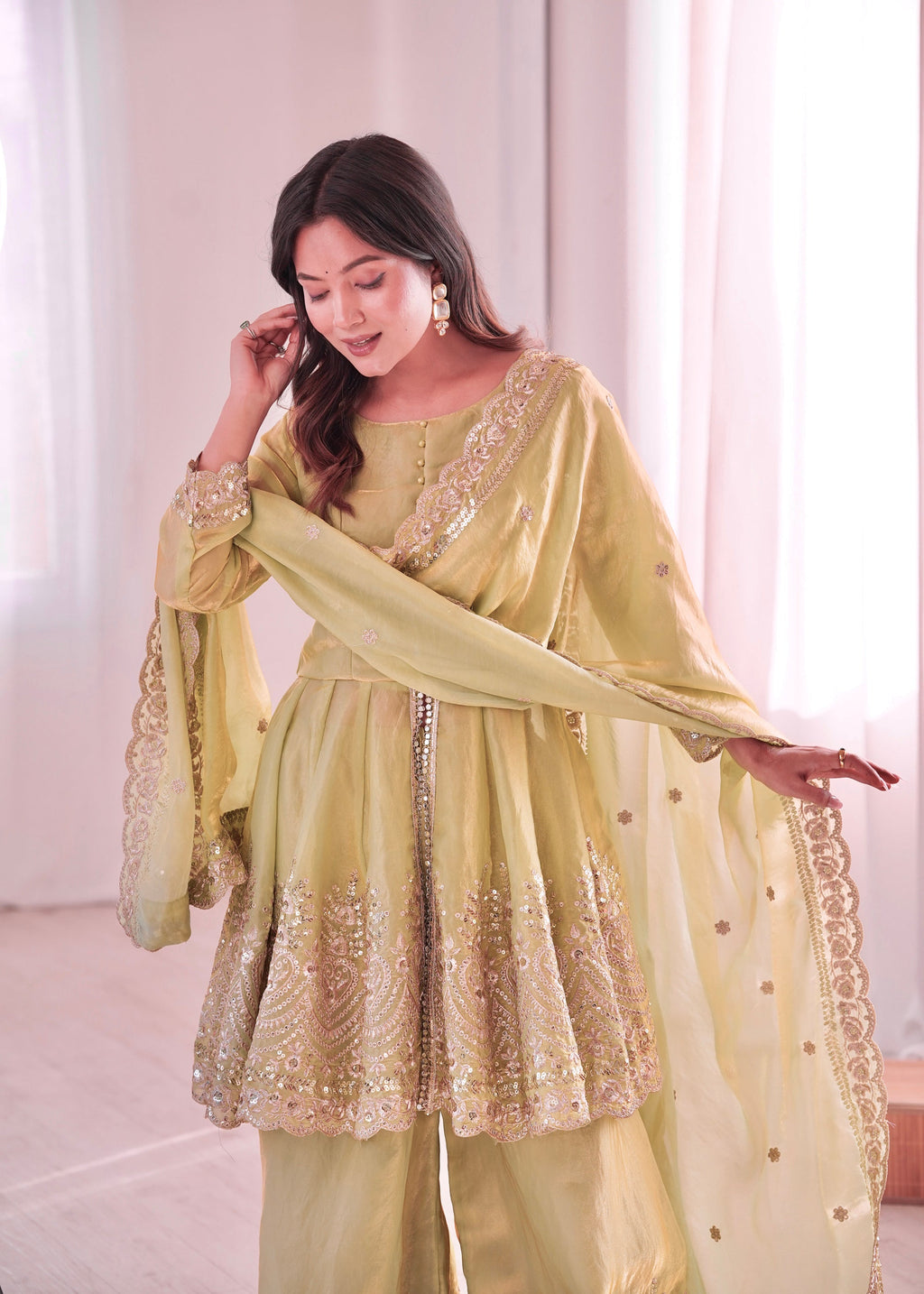 Pista Green Fendy Satin Embroidered Palazzo Suit with Mirrors
