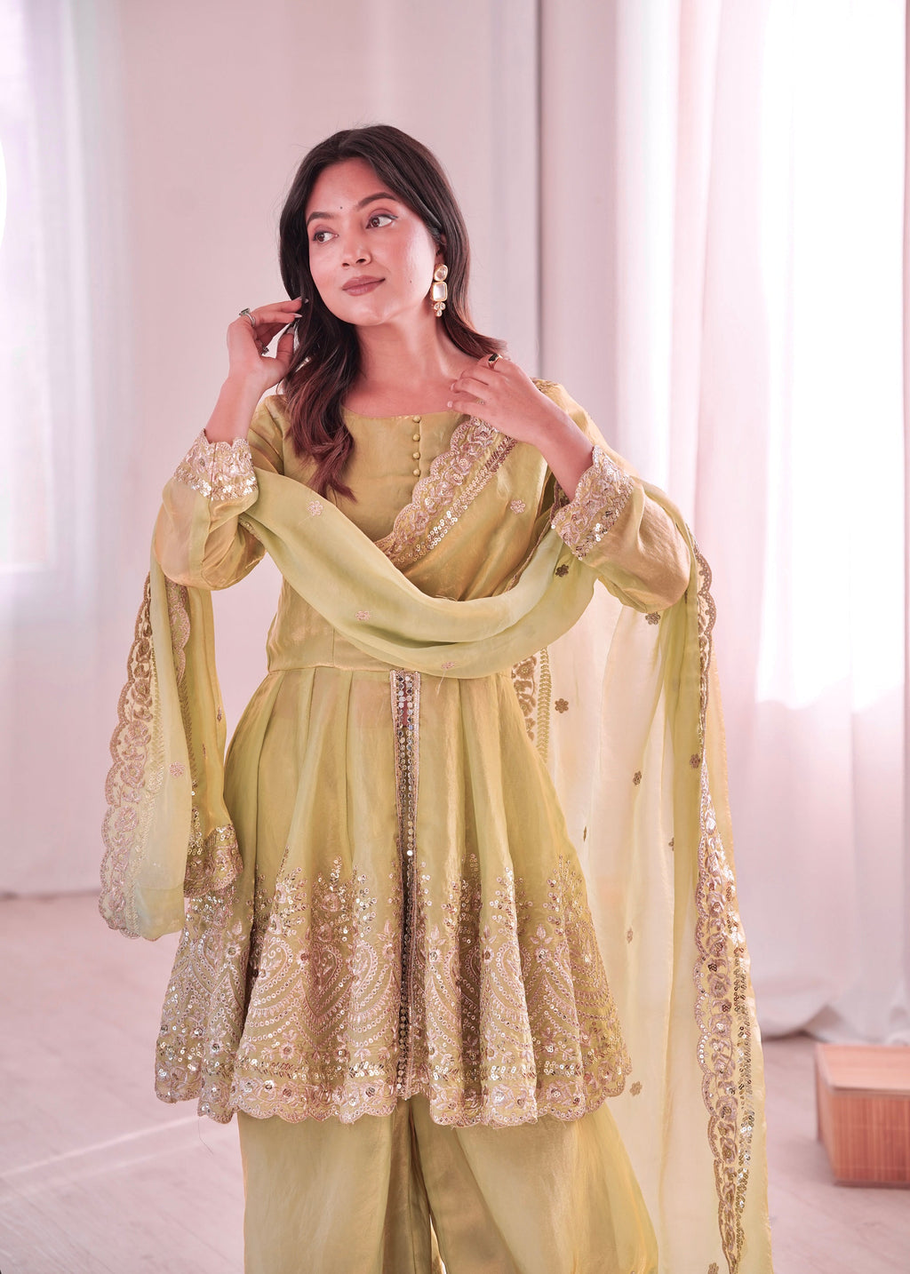Pista Green Fendy Satin Embroidered Palazzo Suit with Mirrors