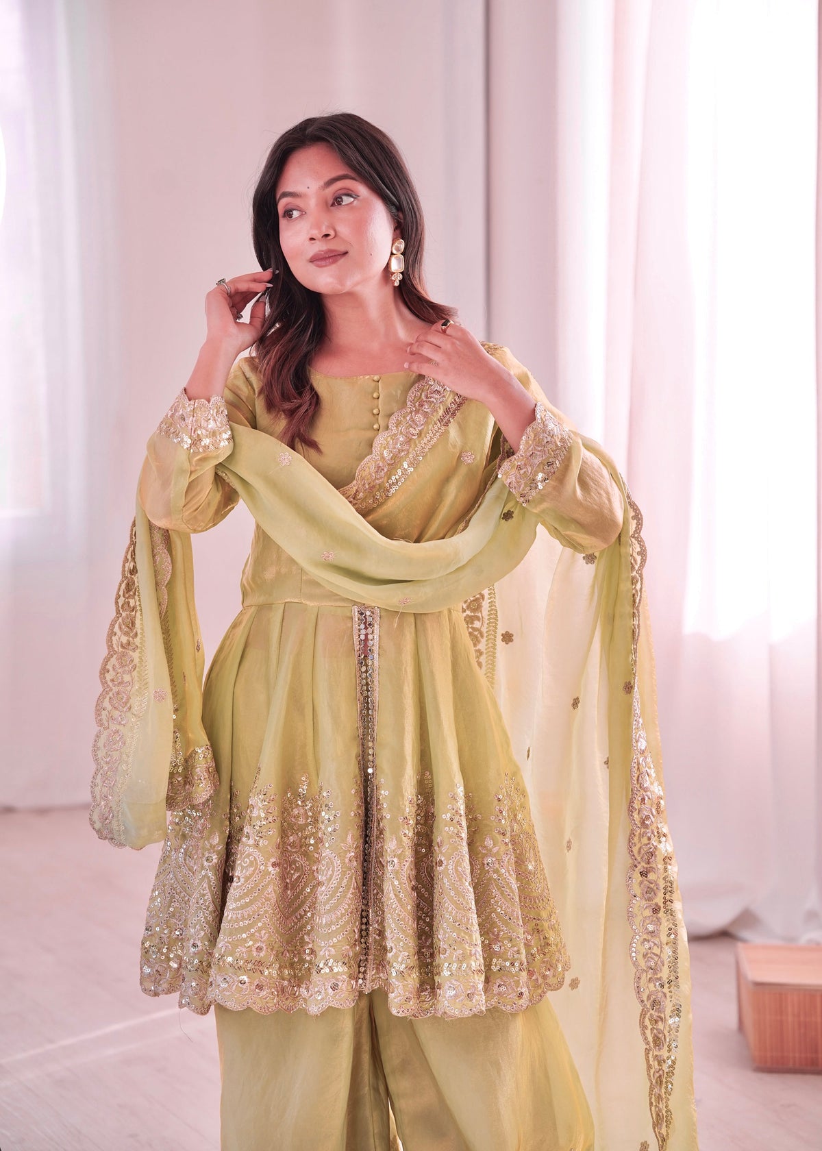 Pista Green Fendy Satin Embroidered Palazzo Suit with Mirrors
