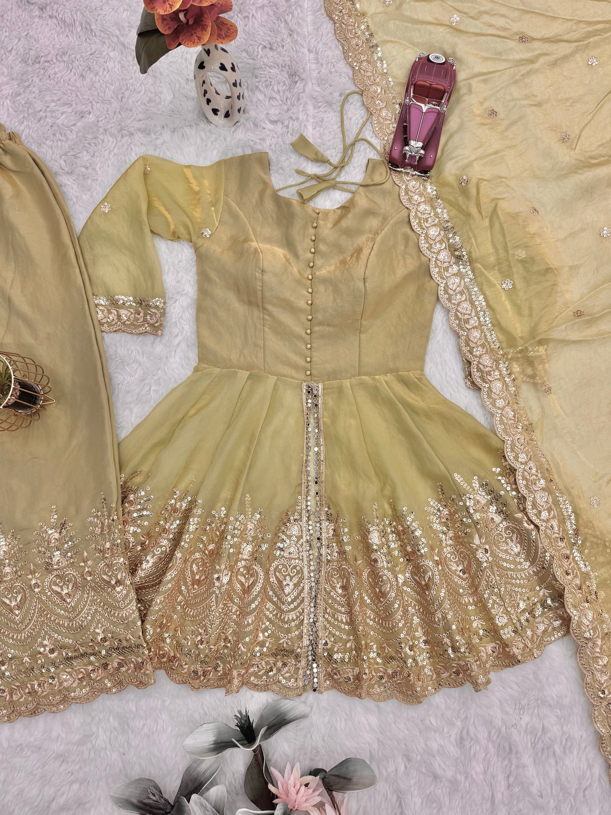 Pista Green Fendy Satin Embroidered Palazzo Suit with Mirrors