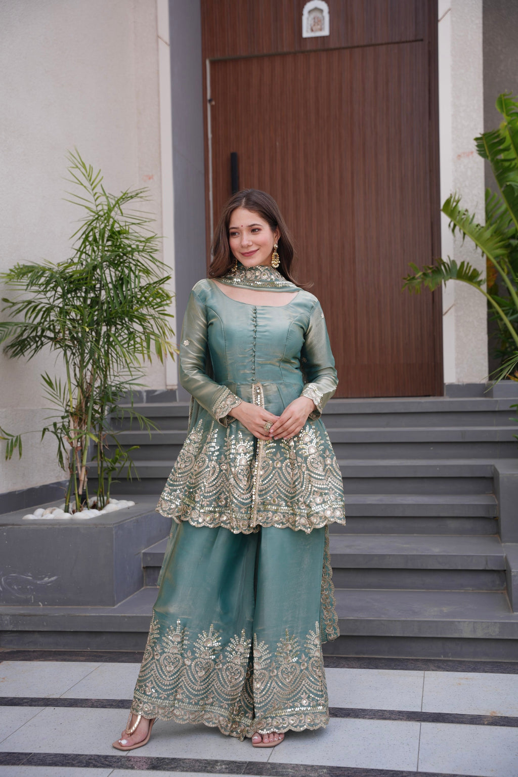 Seagreen Fendy Satin Kurta Palazzo set with detailed embroidery and real mirror work