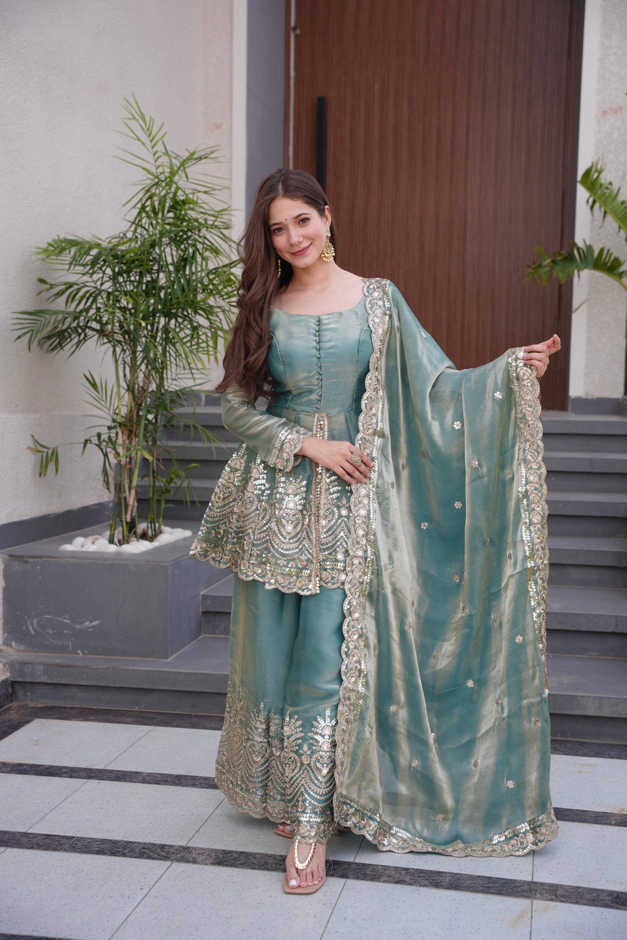 Seagreen Fendy Satin Kurta Palazzo Set with Mirror and Sequins Work