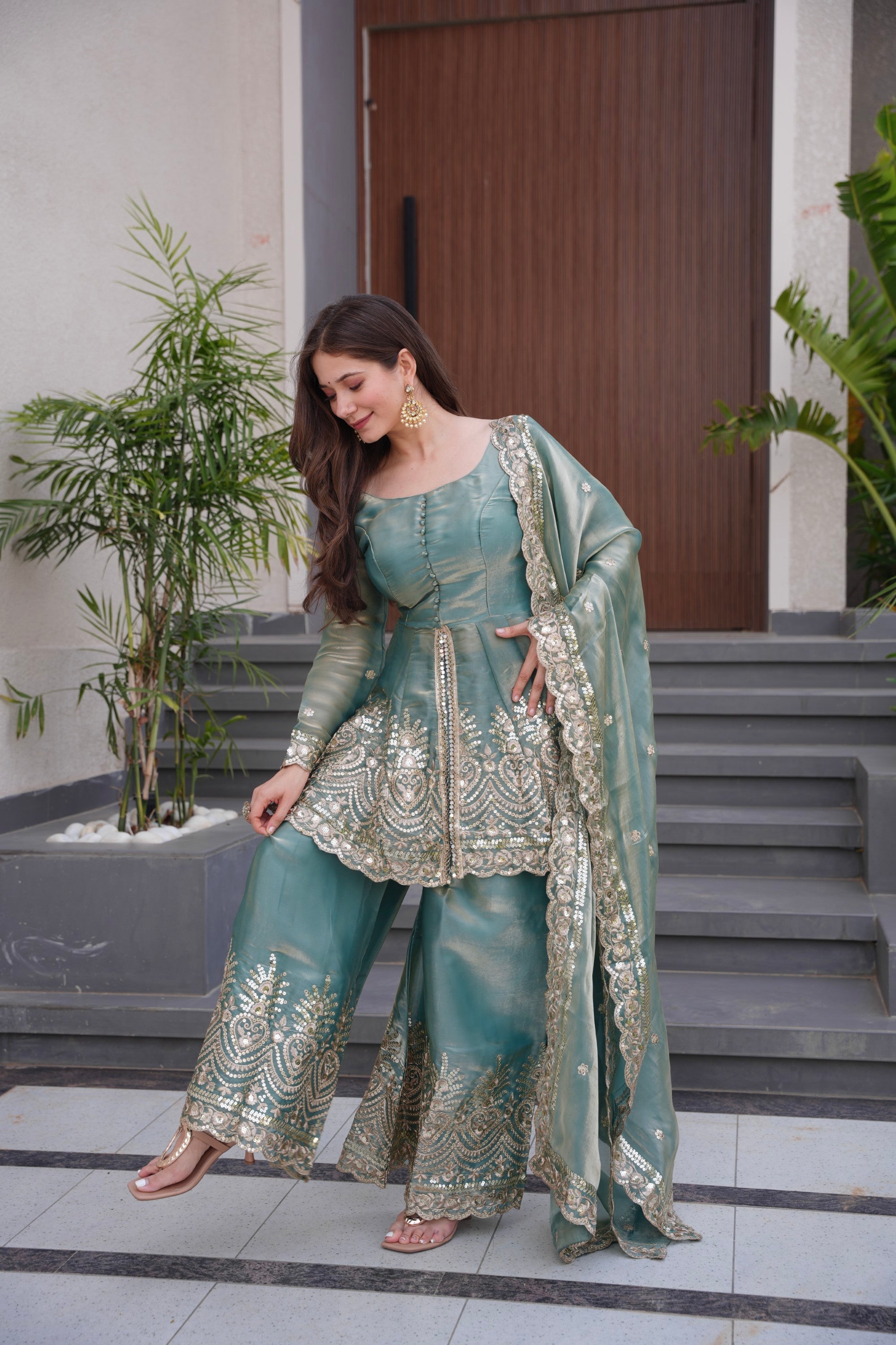 Seagreen Fendy Satin Kurta Palazzo Set with Mirror and Sequins Work