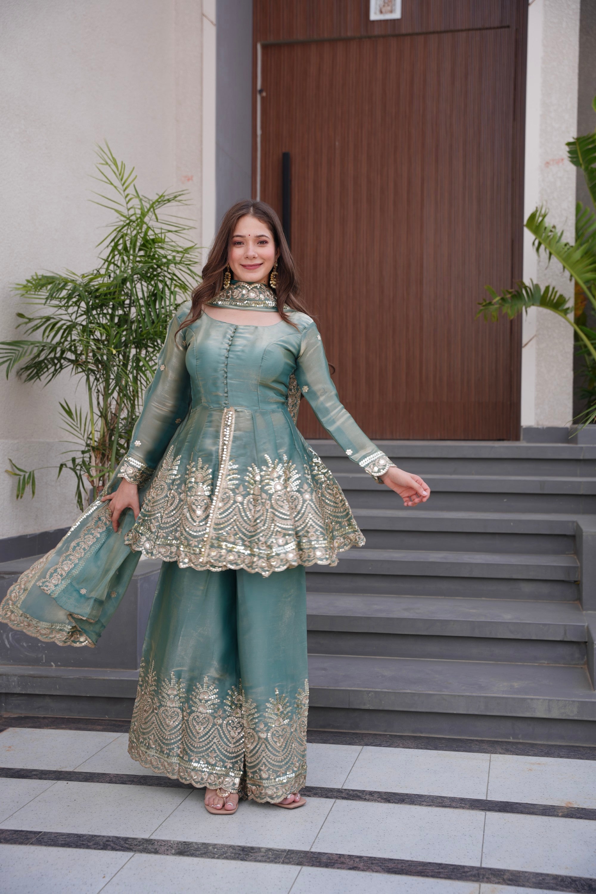 Seagreen Fendy Satin Kurta Palazzo Set with Mirror and Sequins Work