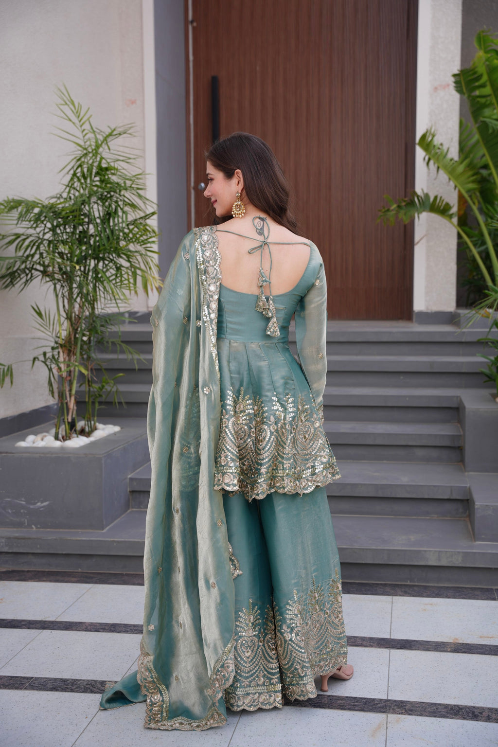 Seagreen Fendy Satin Kurta Palazzo Set with Mirror and Sequins Work