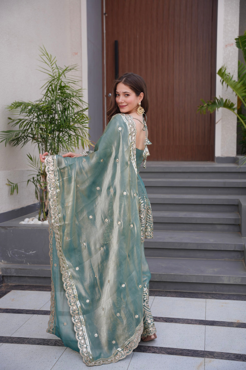 Seagreen Fendy Satin Kurta Palazzo Set with Mirror and Sequins Work