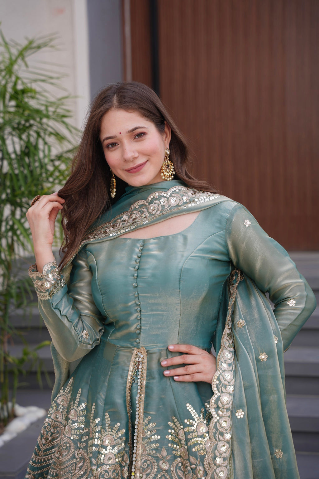 Seagreen Fendy Satin Kurta Palazzo Set with Mirror and Sequins Work