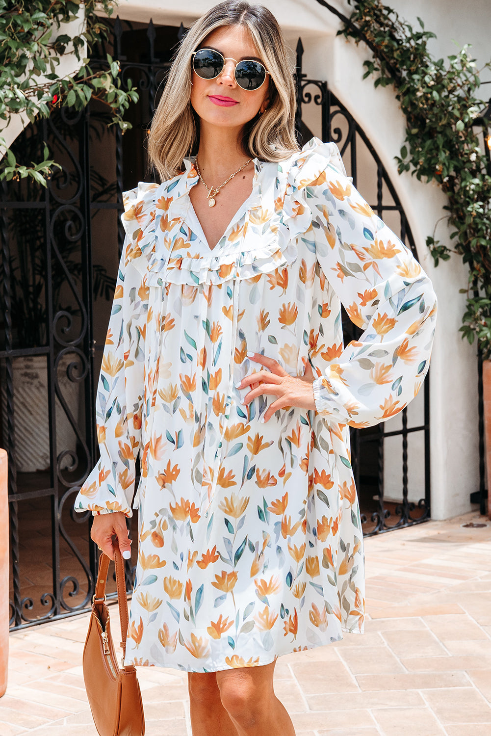 Yellow Floral Print Tie Neck Long Sleeve Ruffle Mini Dress - Image 7