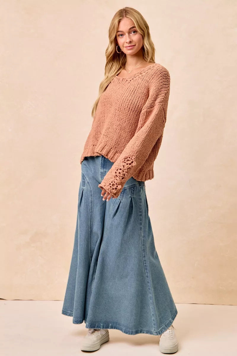BiBi Chunky Knit Sweater with Flower Detail Sleeves