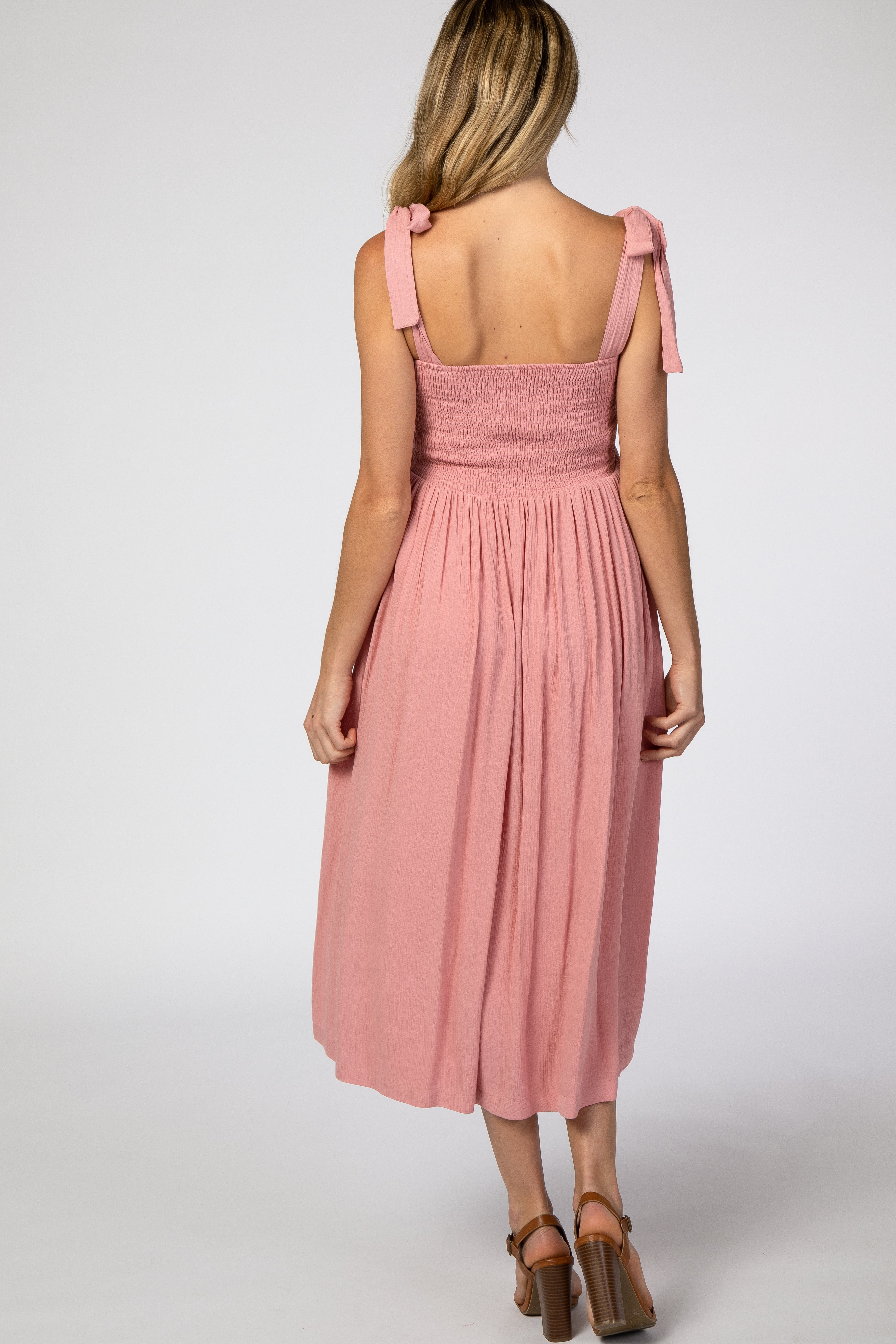 Pink Smocked Tie Strap Maternity Midi Dress