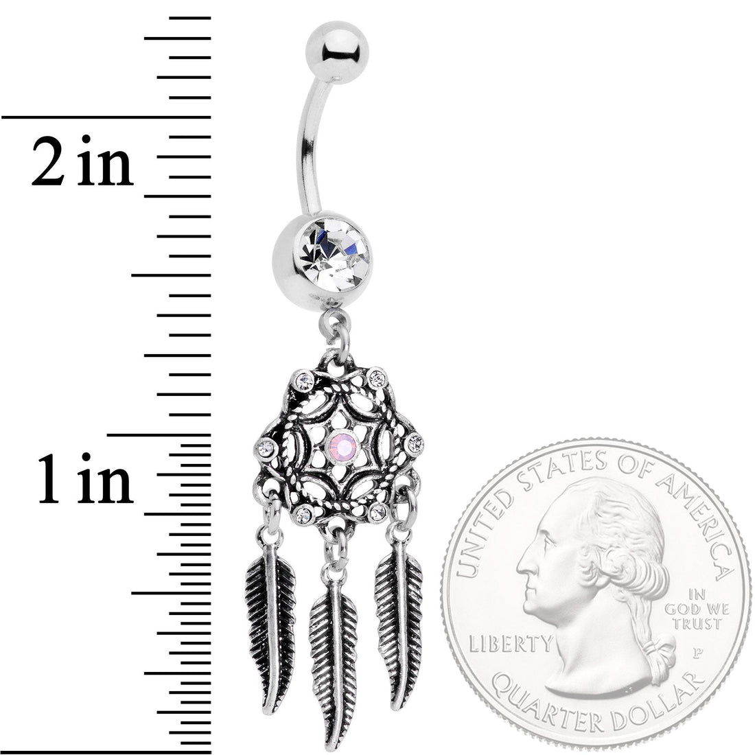 Clear Gem Pink Faux Opal Feather Dreamcatcher Dangle Belly Ring