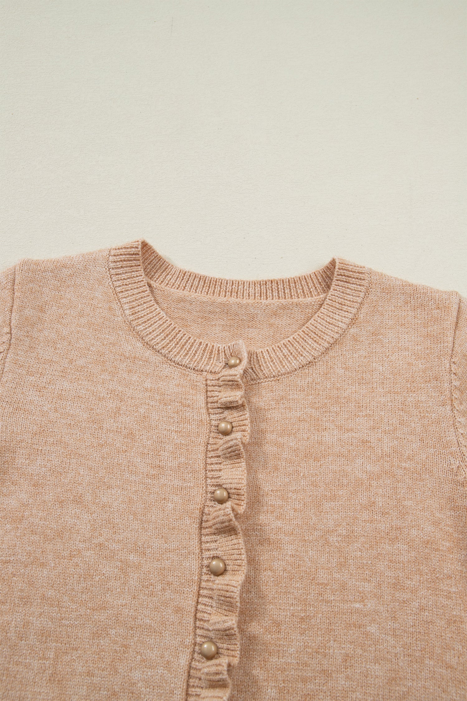Yamileth Oatmeal Ruffle Trim Gold Button Cardigan