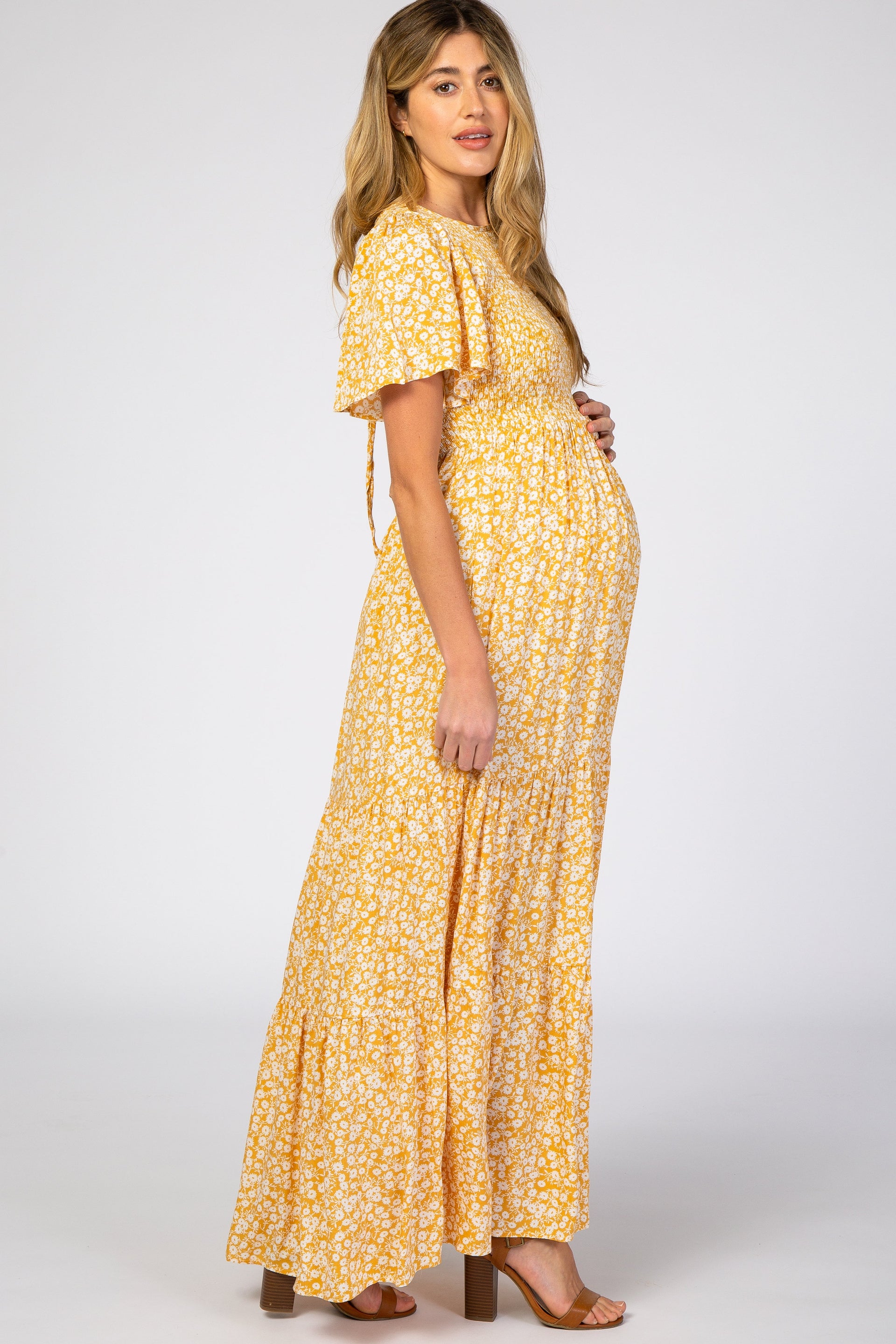 Yellow Floral Smocked Front Maternity Maxi Dress with Pleated Hem