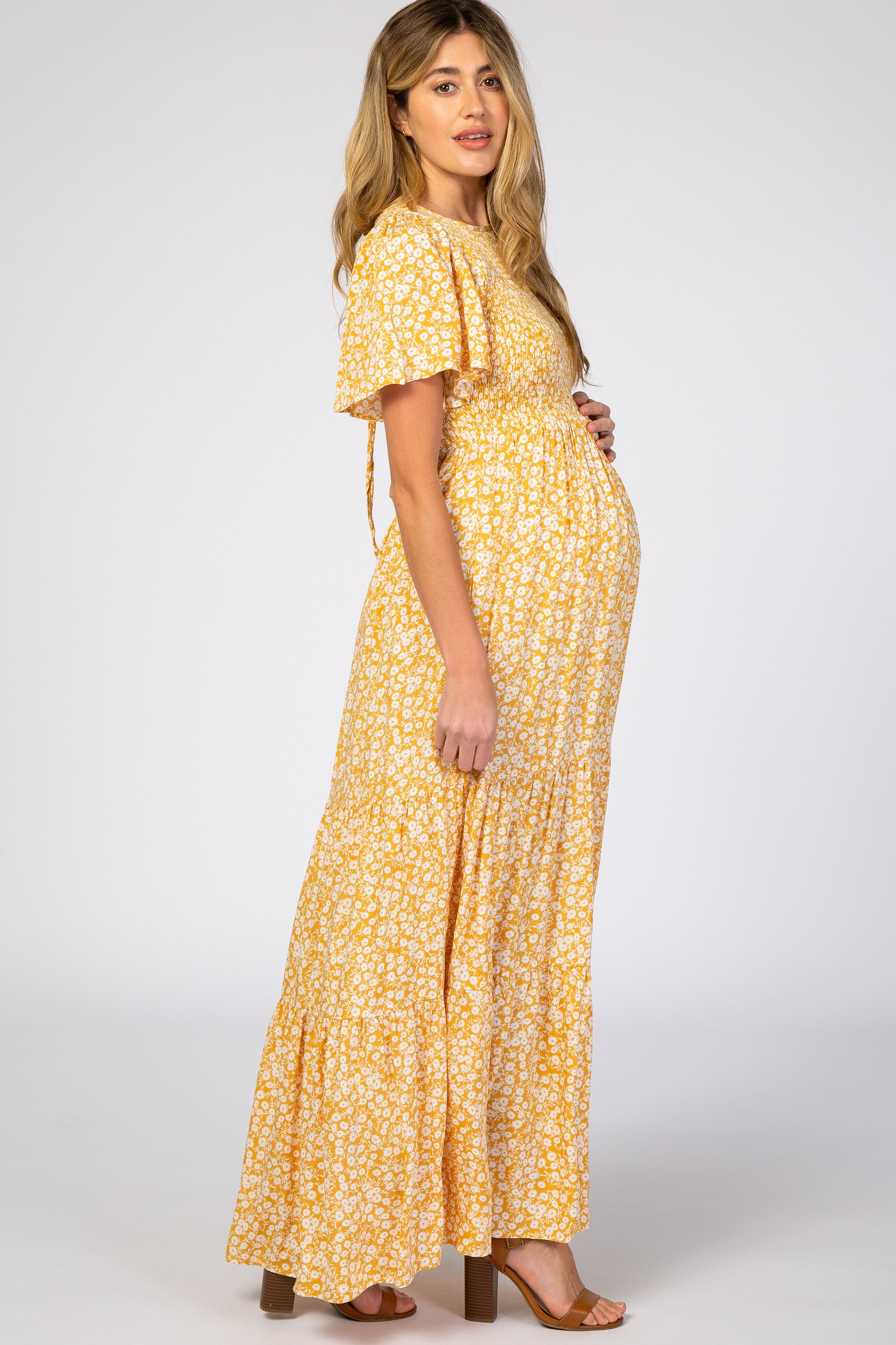 Yellow Floral Smocked Front Maternity Maxi Dress with Pleated Hem