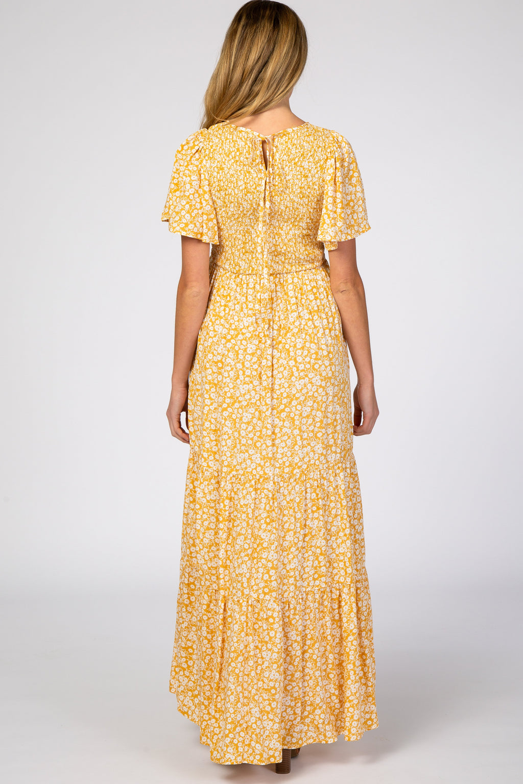 Yellow Floral Smocked Front Maternity Maxi Dress with Pleated Hem