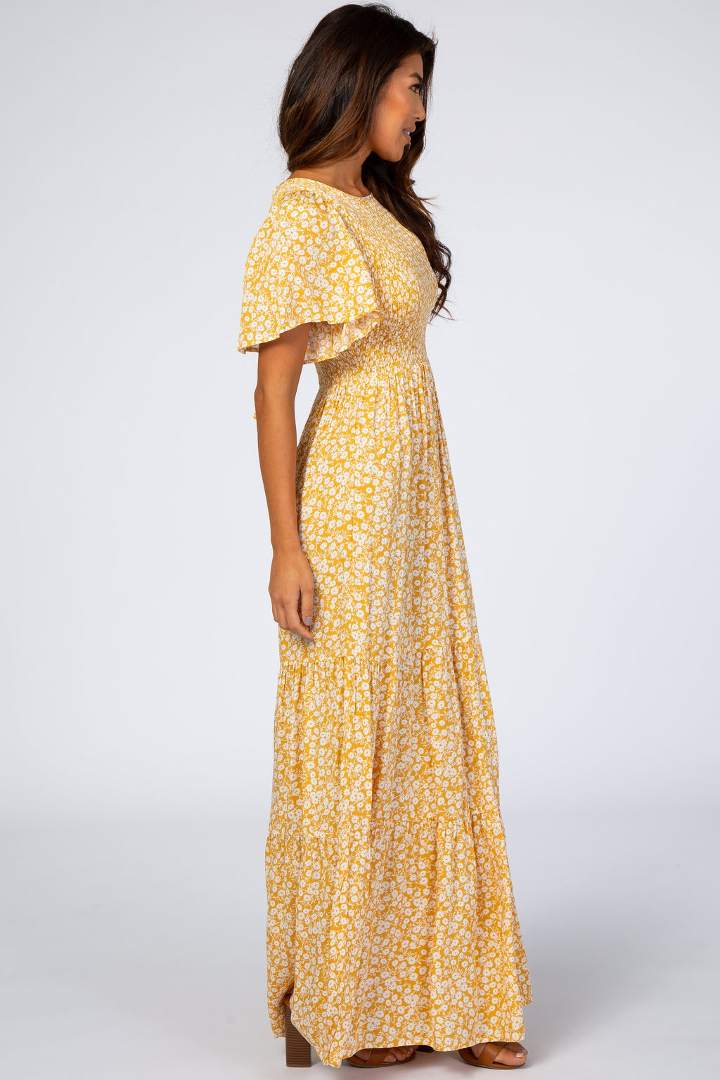 Yellow Floral Smocked Front Maxi Dress with Pleated Hem