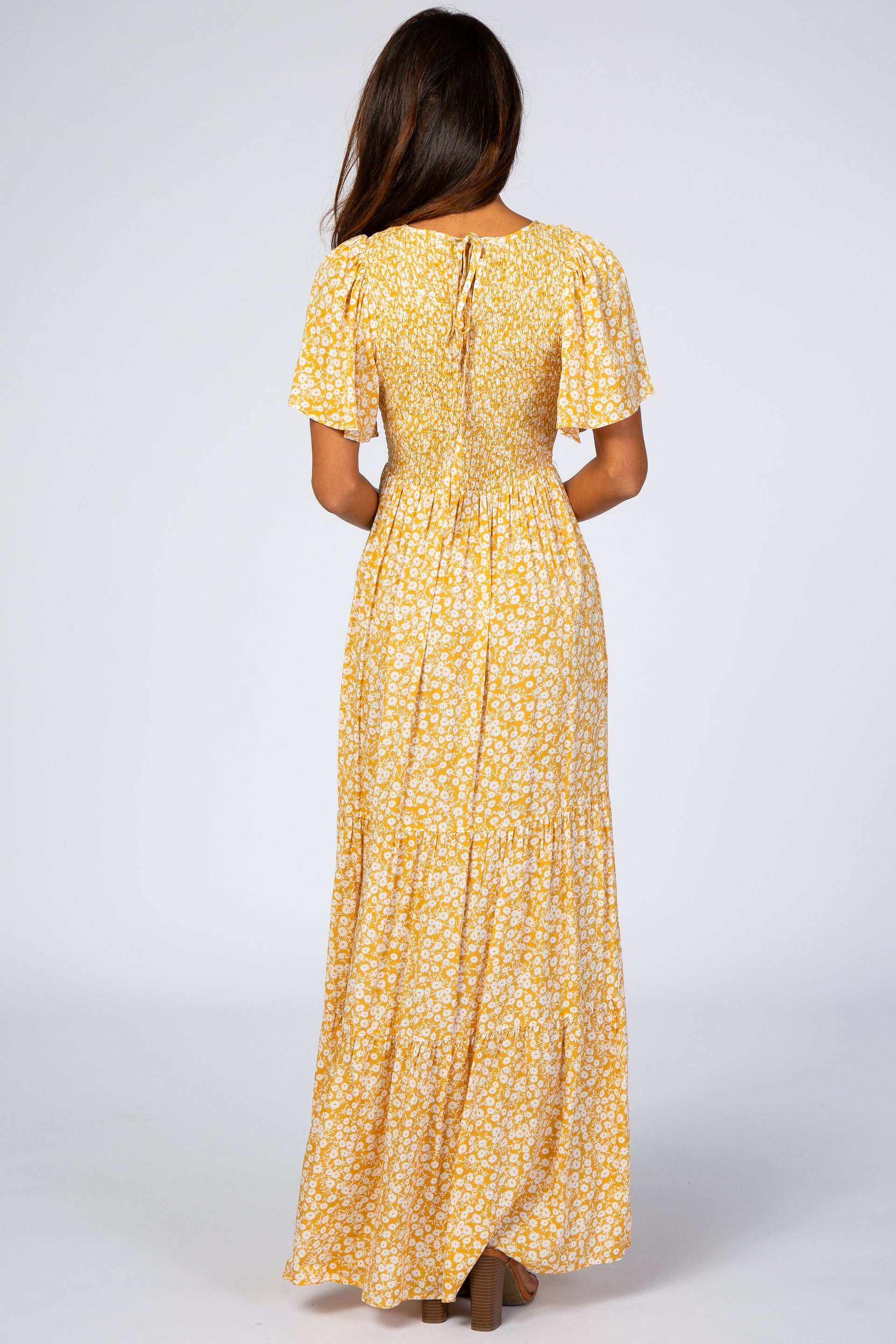 Yellow Floral Smocked Front Maxi Dress with Pleated Hem