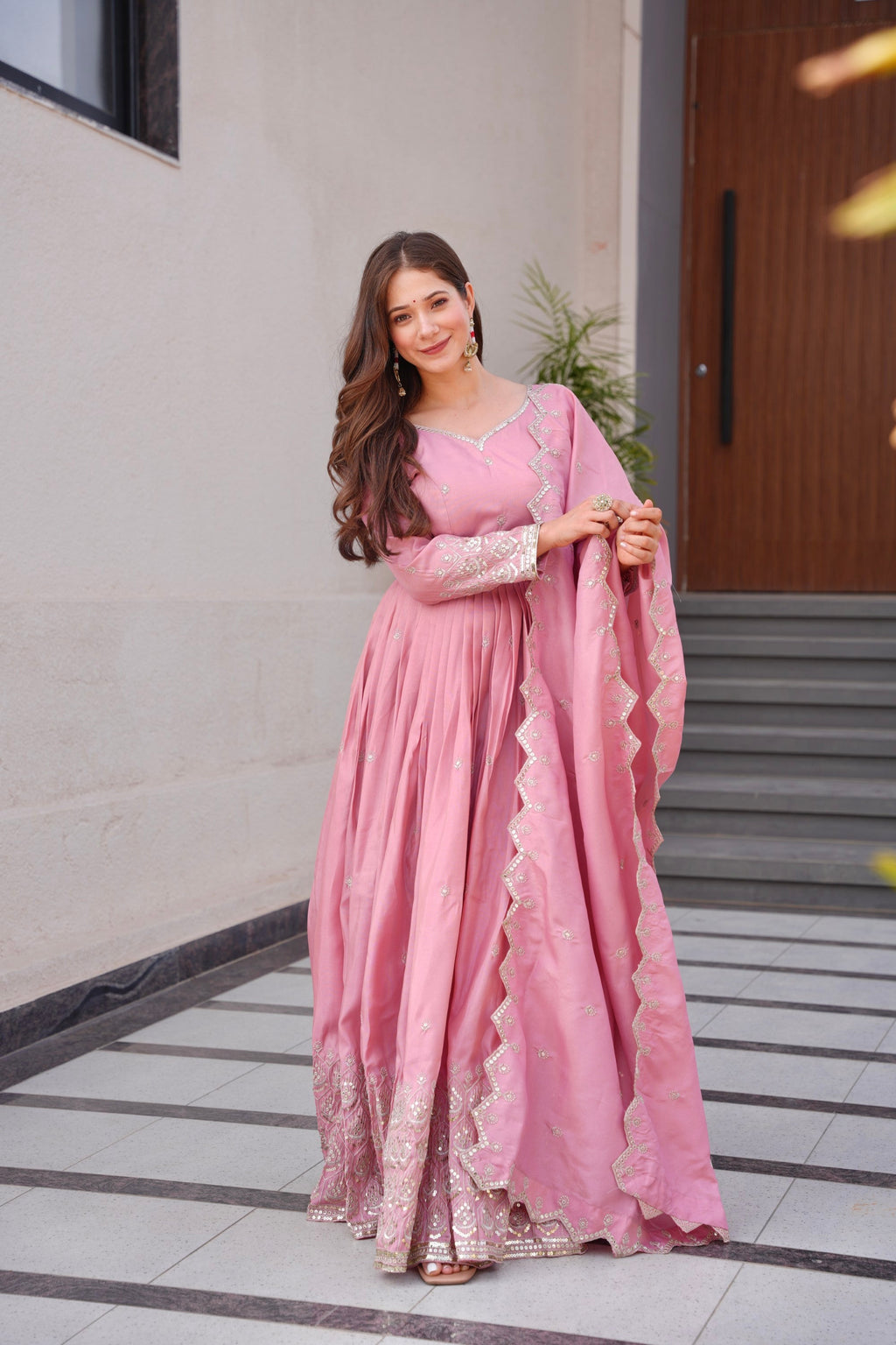 Pink Shimmer Silk Anarkali Gown with Sequins Embroidery Work