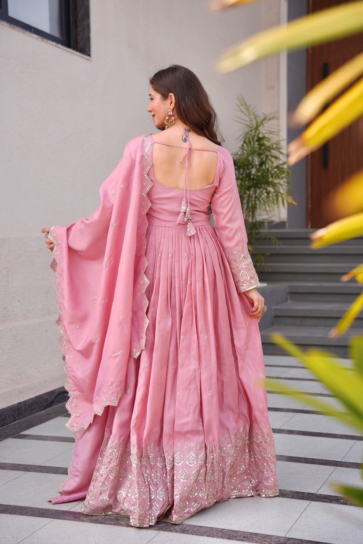 Pink Shimmer Silk Anarkali Gown with Sequins Embroidery Work