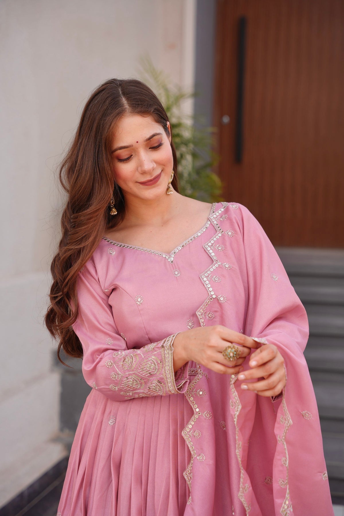 Pink Shimmer Silk Anarkali Gown with Sequins Embroidery Work