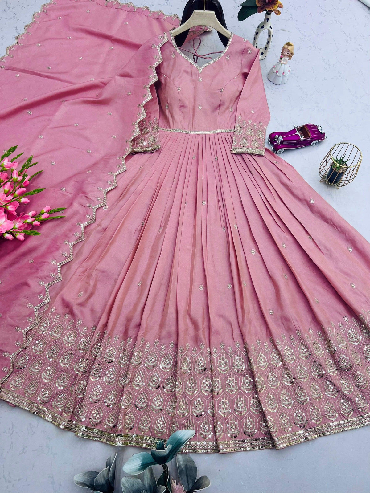 Pink Shimmer Silk Anarkali Gown with Sequins Embroidery Work