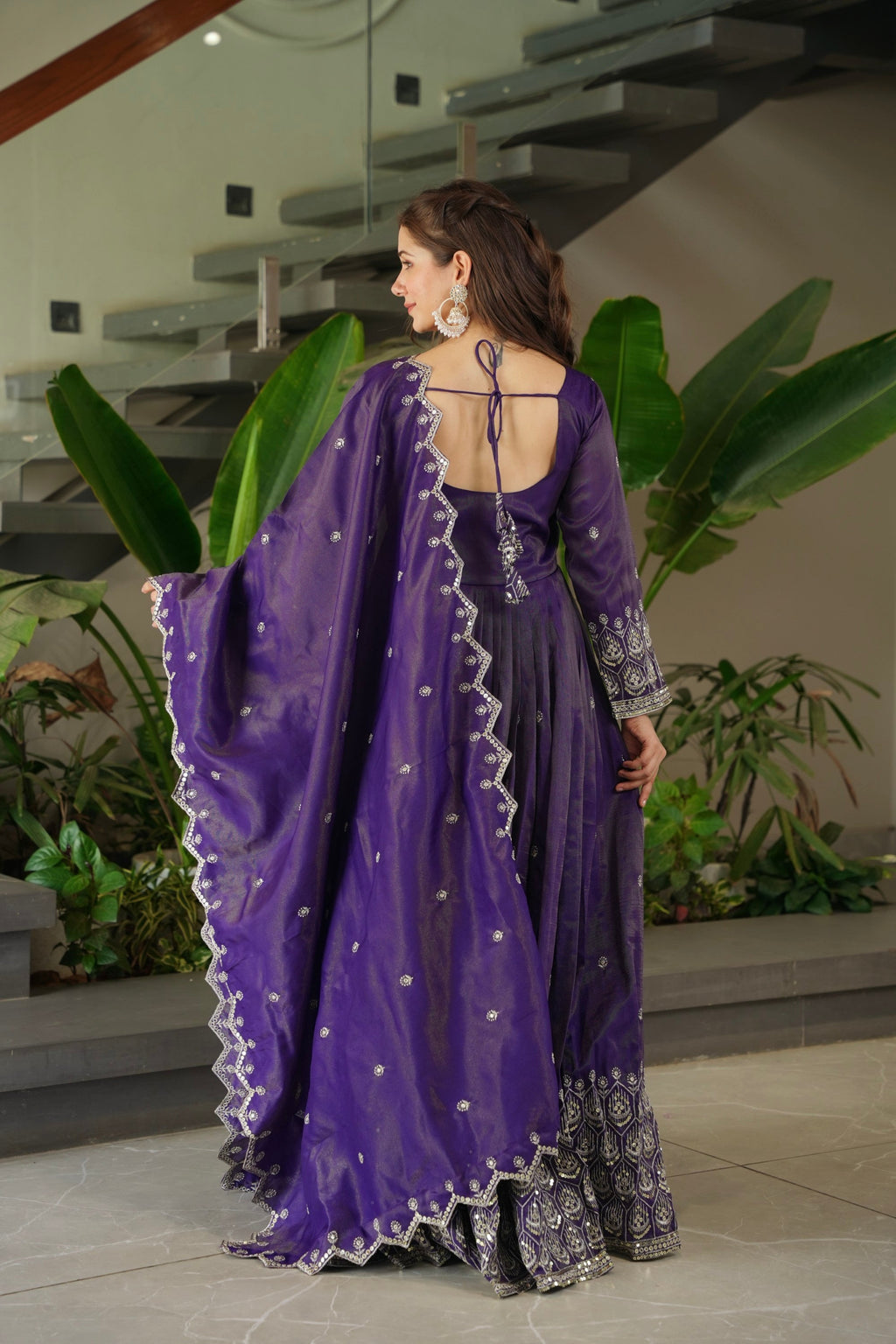 Purple Shimmer Silk Anarkali Gown with Sequins Embroidery
