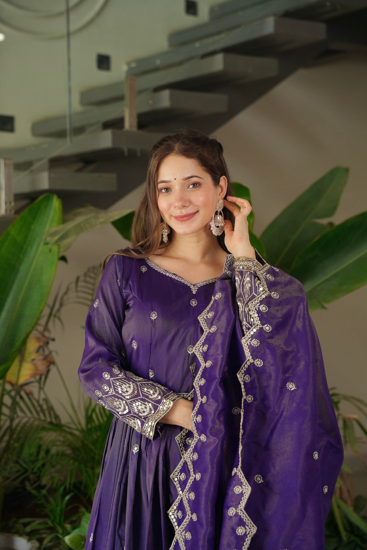 Purple Shimmer Silk Anarkali Gown with Sequins Embroidery