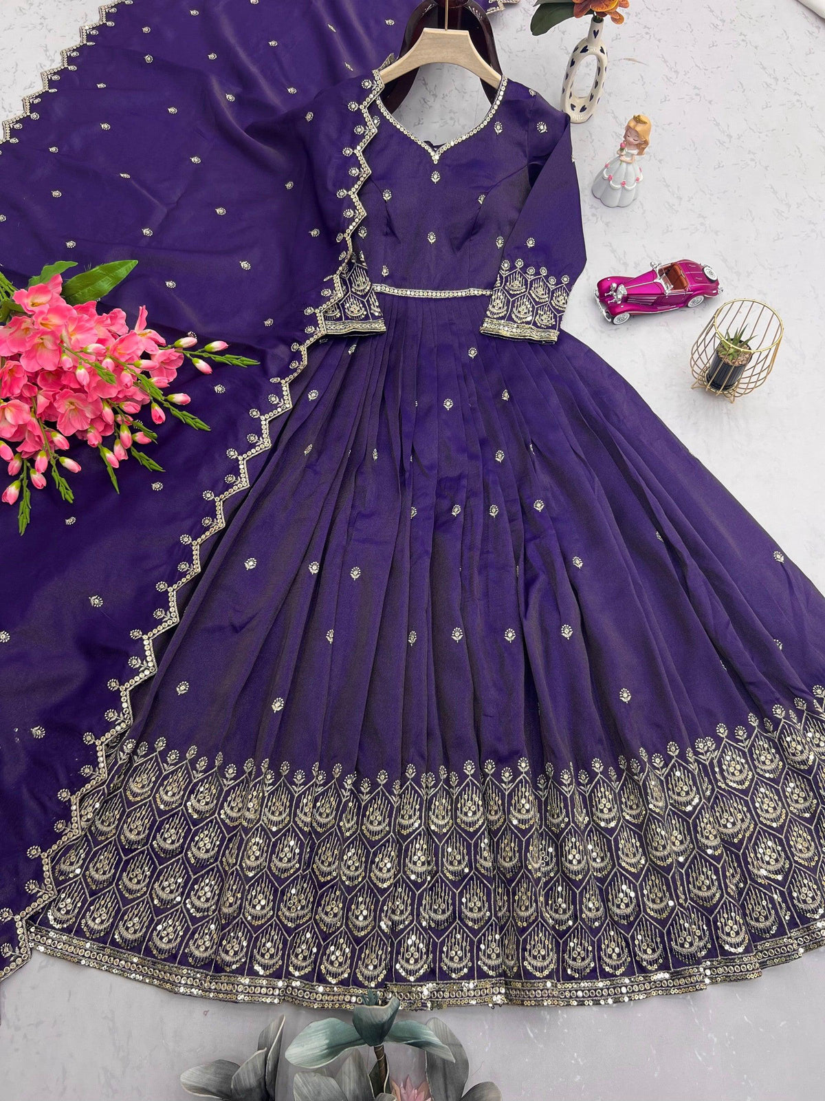 Purple Shimmer Silk Anarkali Gown with Sequins Embroidery
