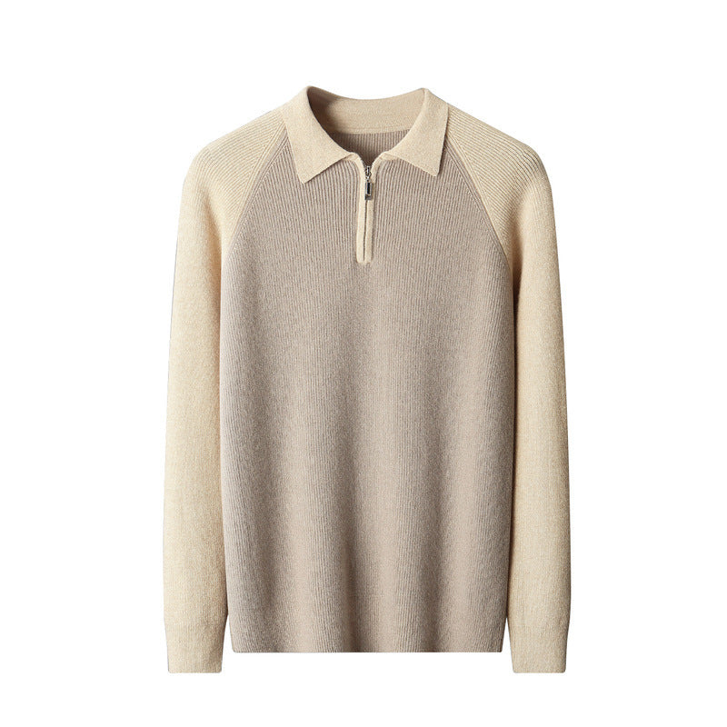 Men's Half Zipper Contrast Lapel Pullover Sweater in Wheat Camel