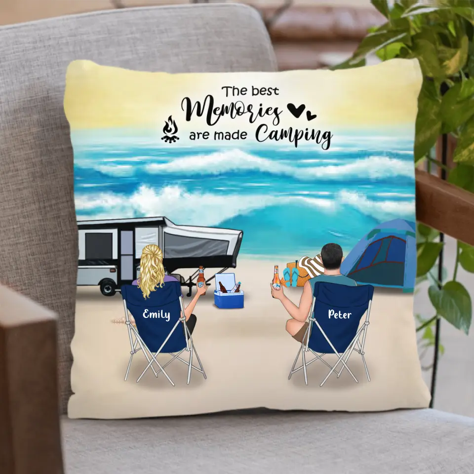 Personalized Beach Camping Pillow Cover - Couple with up to 5 pets - The best memories are made camping - 1CTOH9