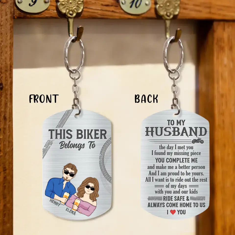 Personalized Biker Husband Aluminum Keychain - Couple With Up to 3 Kids - Gift Idea For Husband/Father - This Biker Belongs To