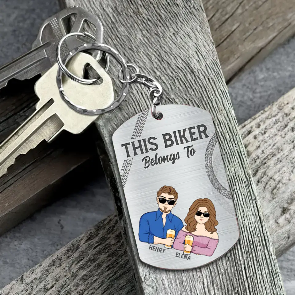 Personalized Biker Husband Aluminum Keychain - Couple With Up to 3 Kids - Gift Idea For Husband/Father - This Biker Belongs To
