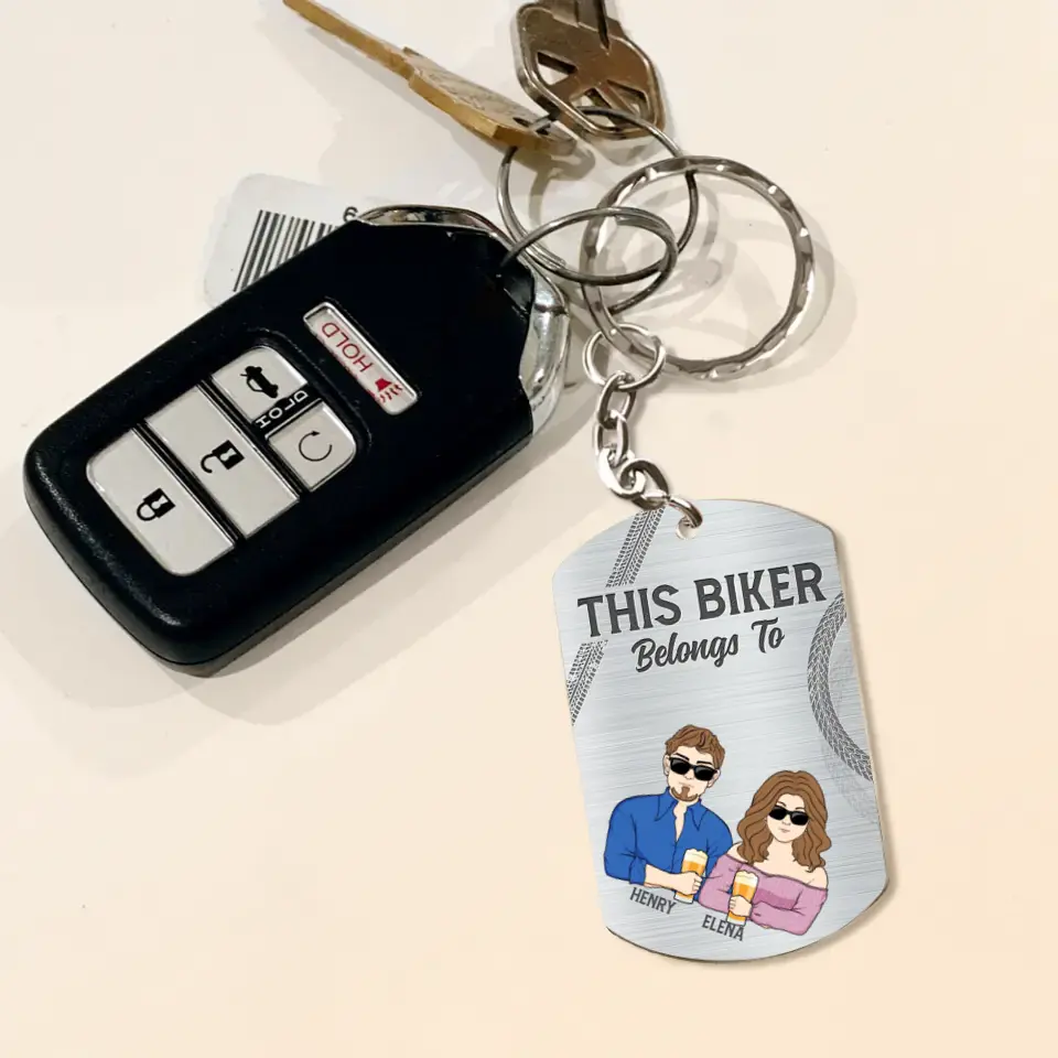 Personalized Biker Husband Aluminum Keychain - Couple With Up to 3 Kids - Gift Idea For Husband/Father - This Biker Belongs To