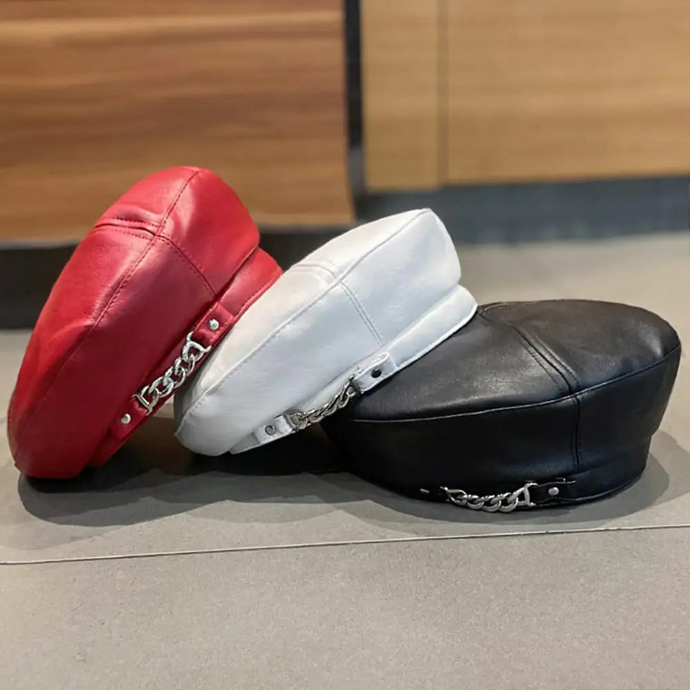 Women's PU Leather Beret Hat with Chain Detail