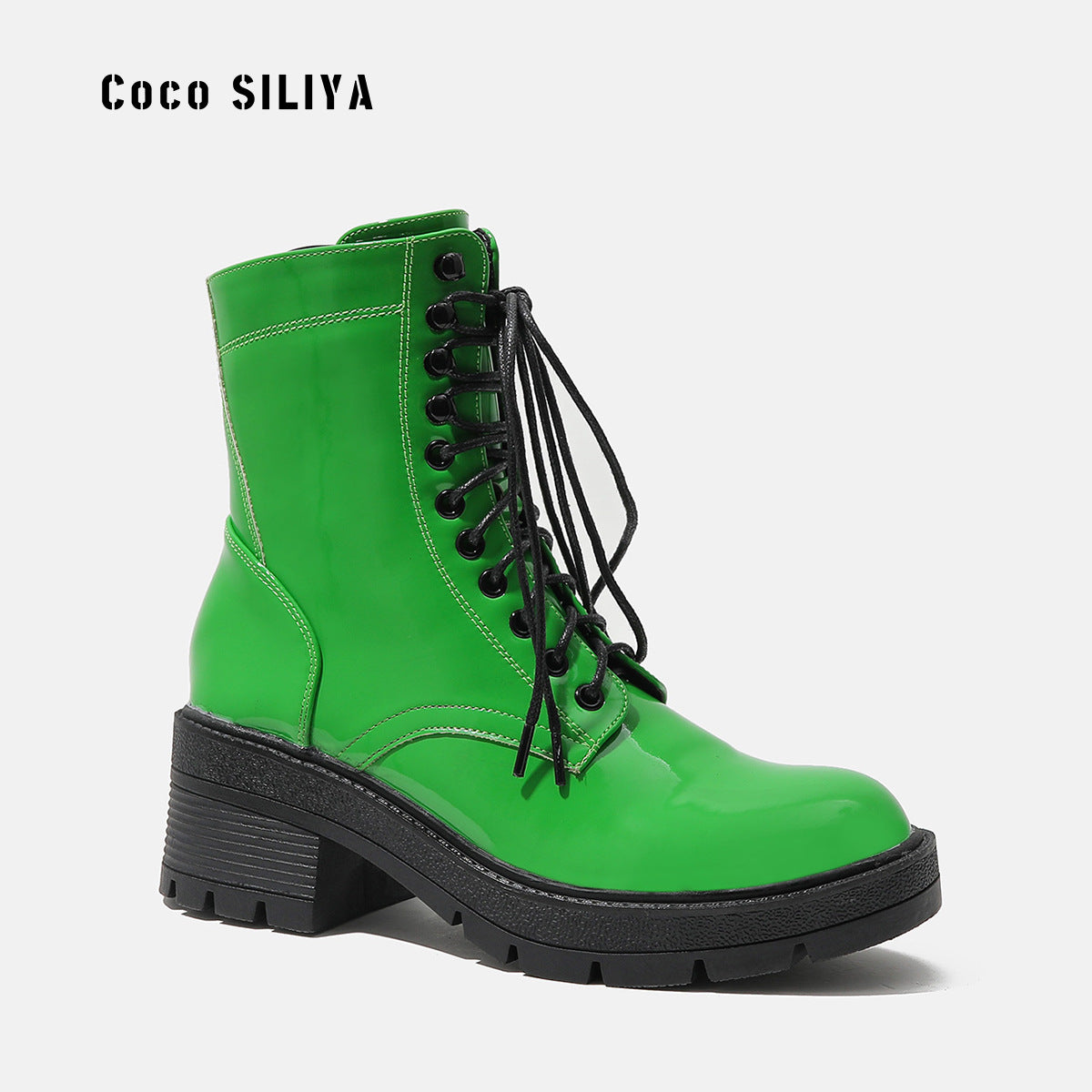 Women's Harajuku Style Patent Leather Lace Up Combat Boots - Image 4