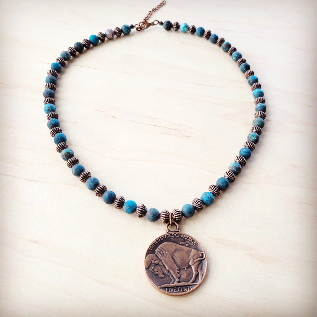 Natural Turquoise Beaded Collar Necklace with Indian Head Pendant - Image 3